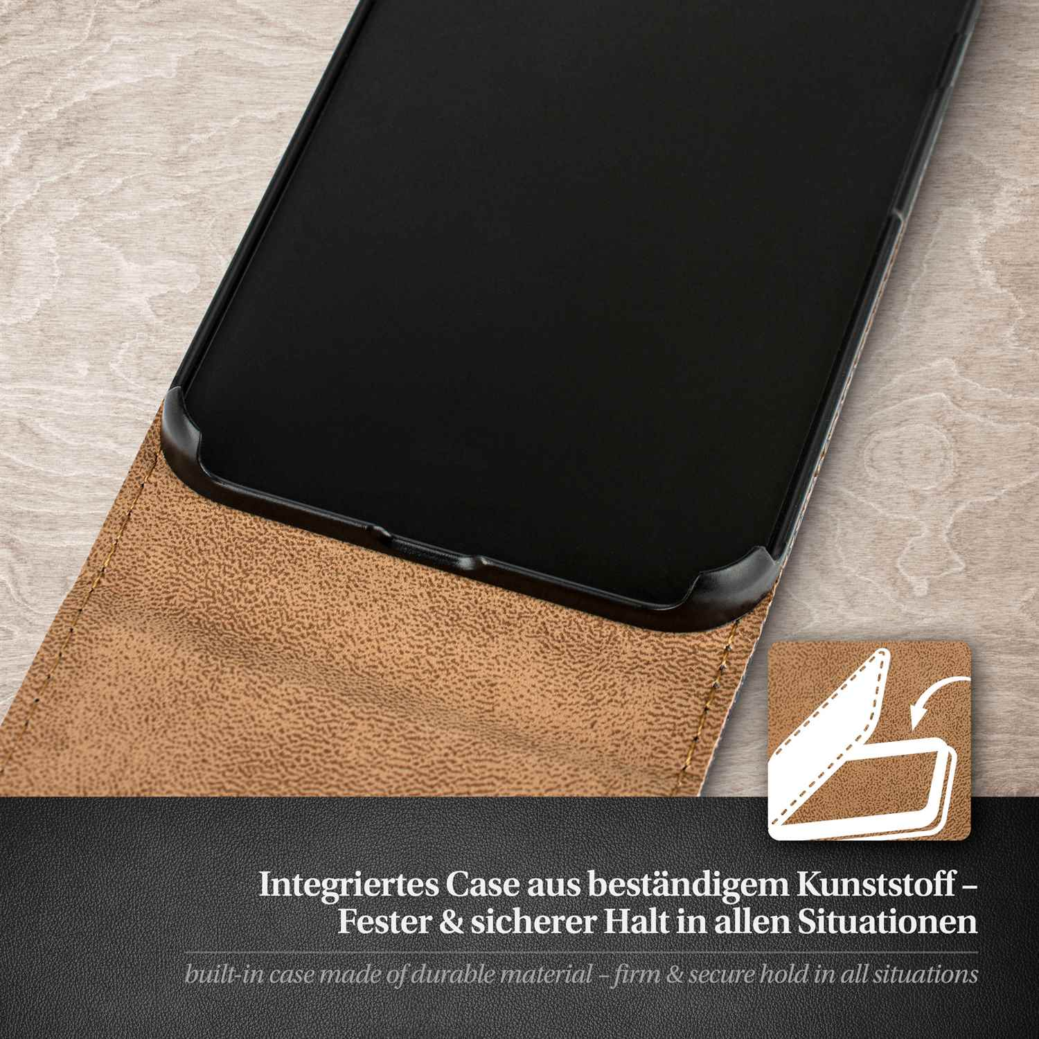 Telefonhülle offen, braun und schwarz. Text: Eingebauter Case aus strapazierfähigem Material.
