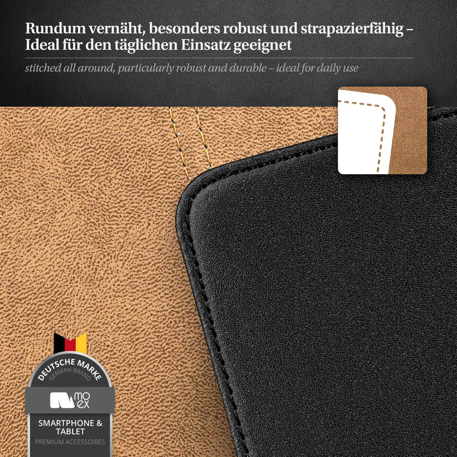 Nahaufnahme einer schwarzen Handyhülle mit brauner Lederstruktur, Nähten und einem deutschen Markenlogo.