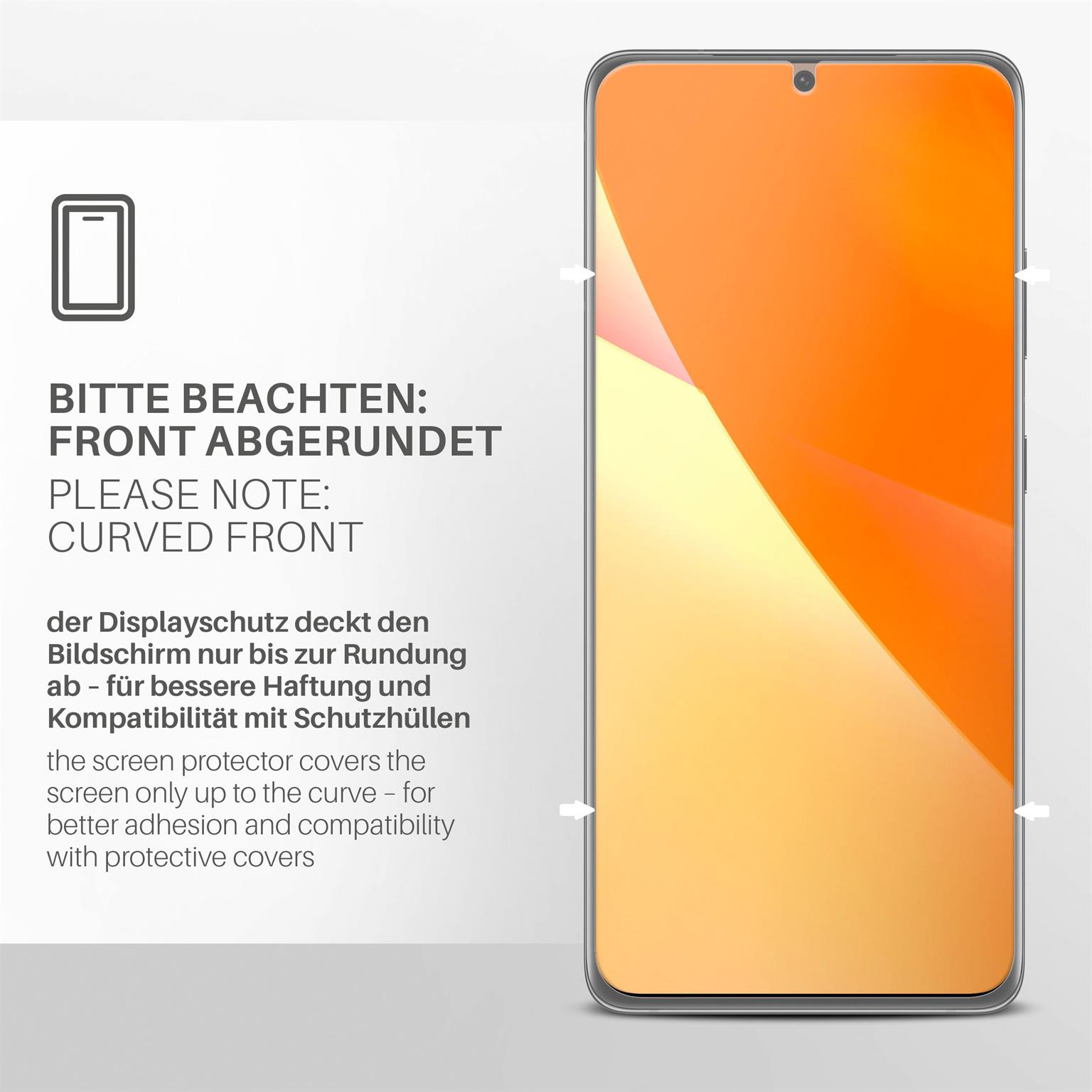 Smartphone mit Displayschutz, abgerundete Front. Text warnt, dass der Schutz nur bis zur Rundung abdeckt.