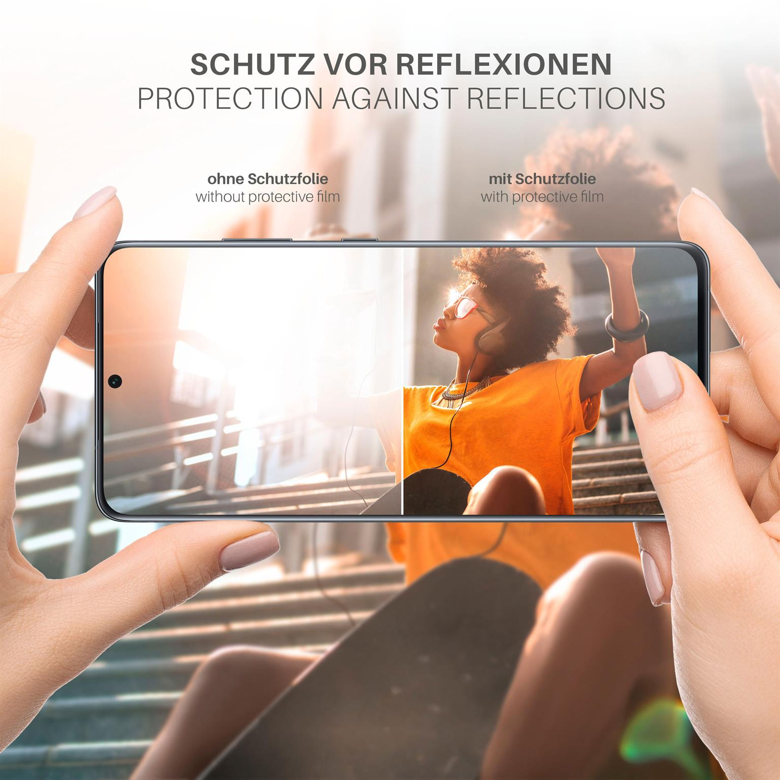 Hände halten Telefon, vergleichen Bildschirm ohne/mit Schutzfolie. Heller Hintergrund.