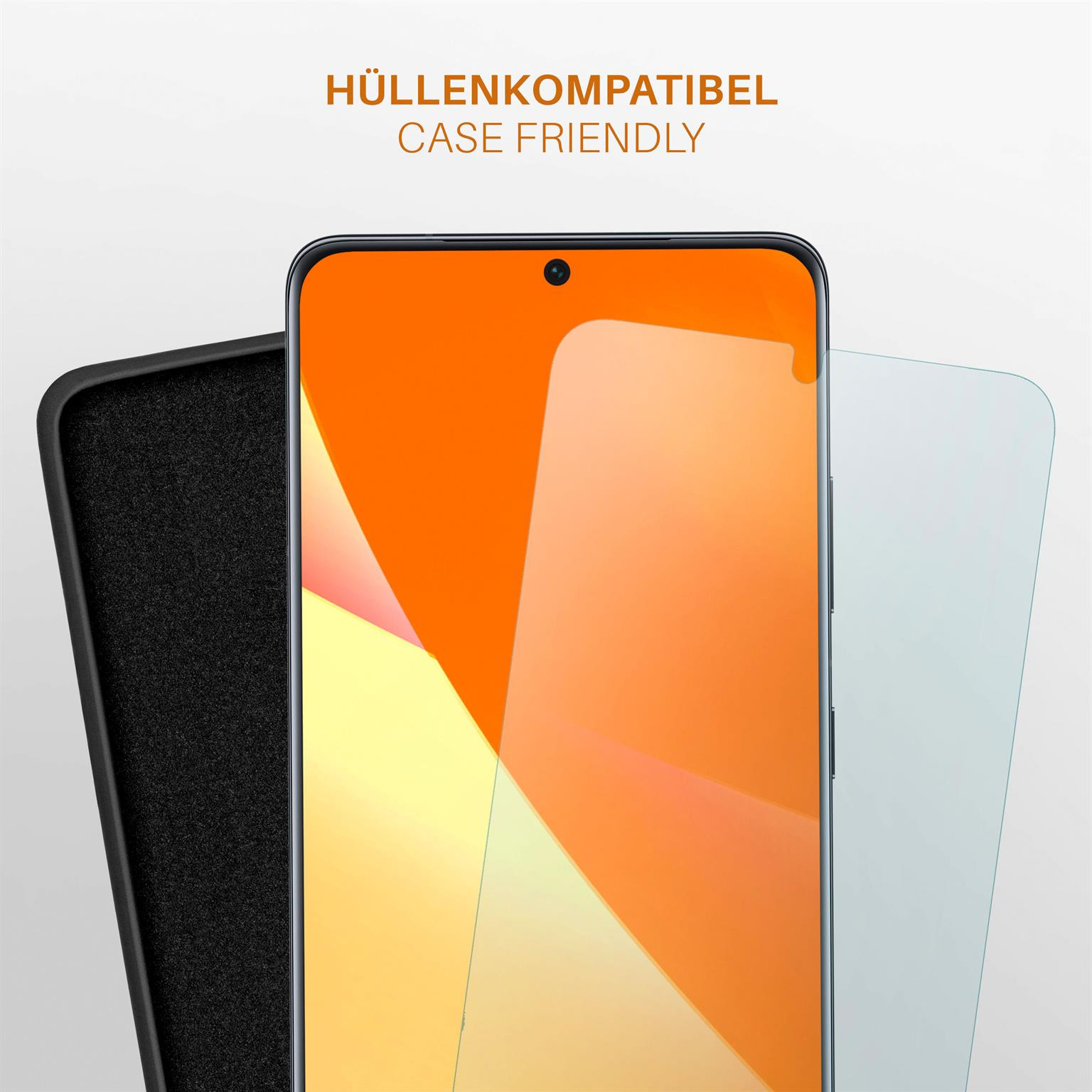 Ein Telefon und ein Displayschutz werden angezeigt. Der Telefonbildschirm ist orange. Es gibt eine schwarze Hülle.