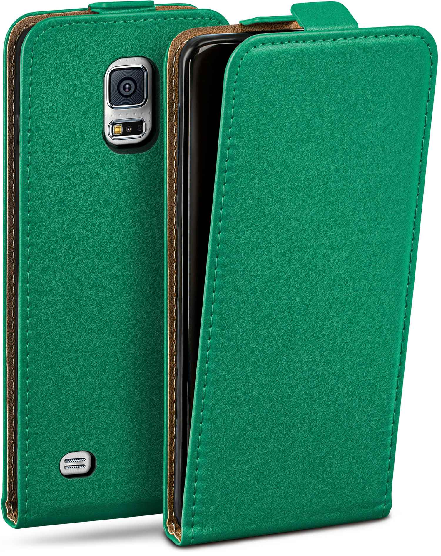 Grüne Handyhülle offen. Telefon in der Hülle, schwarzer Bildschirm. Braune und grüne Hülle.
