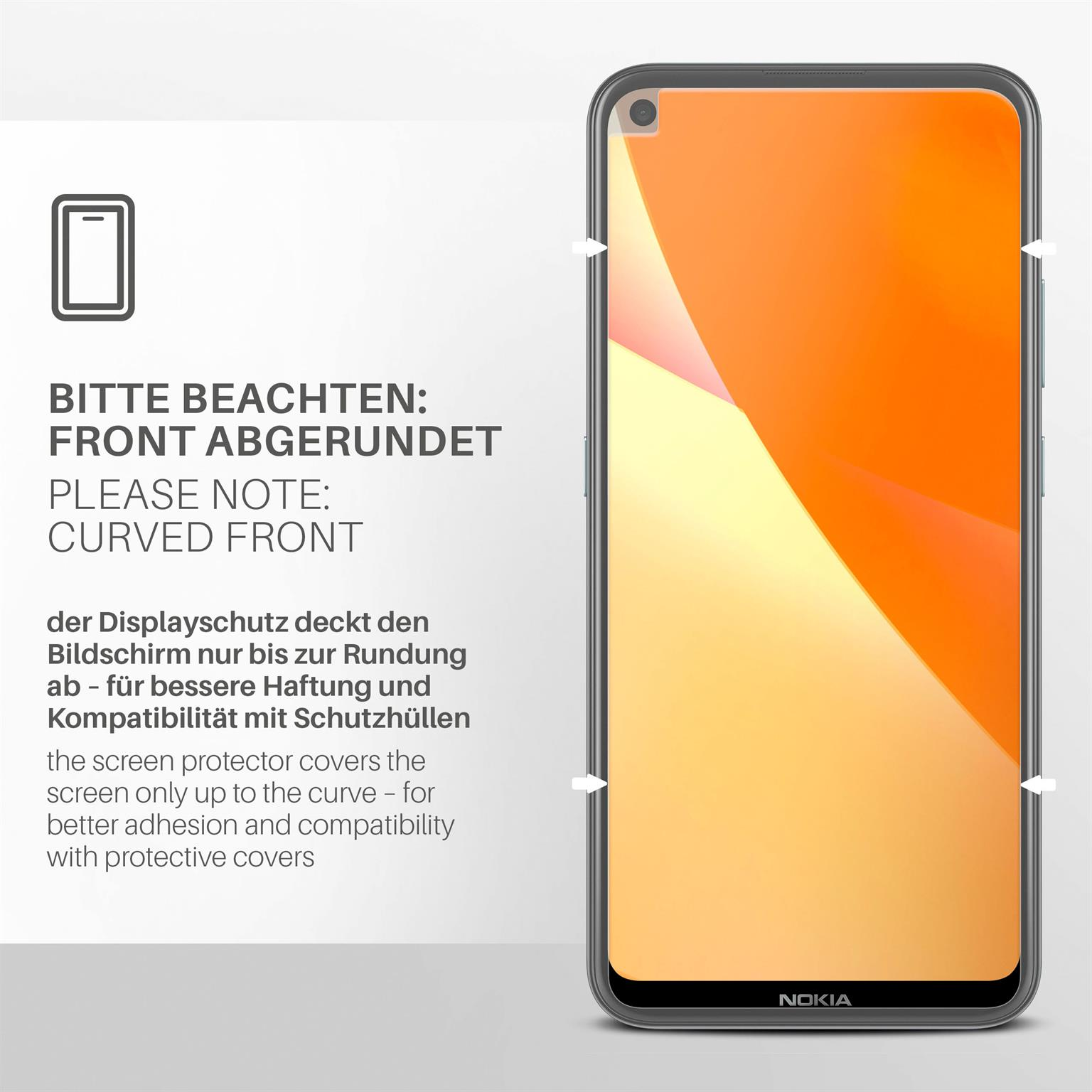 Ein Telefon mit Displayschutzfolie. Text links weist auf abgerundete Front hin. Nokia-Logo unten.