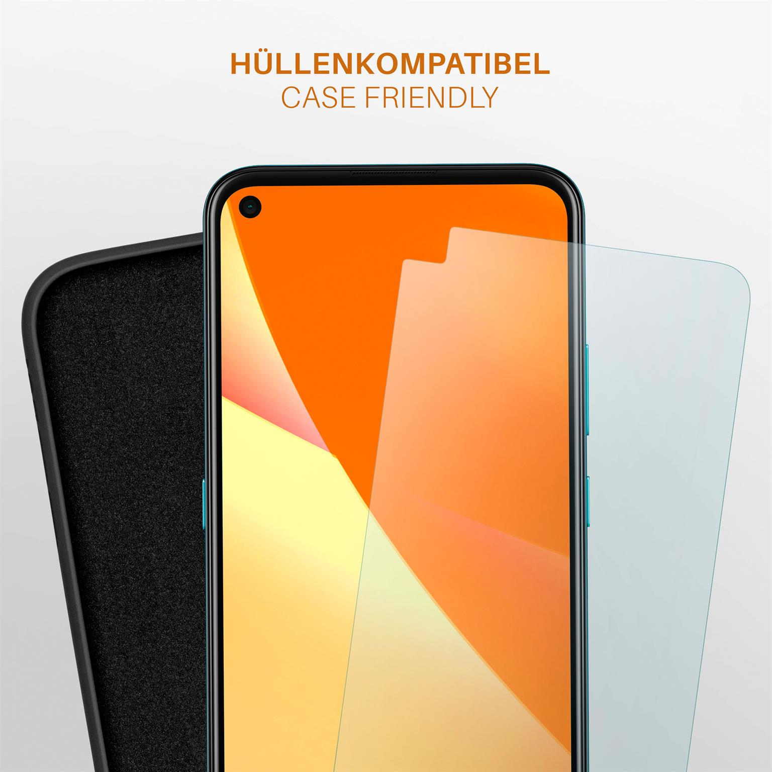 Ein Smartphone mit installiertem Displayschutz, das den Bildschirm des Telefons und die Umrisse des Displayschutzes zeigt.