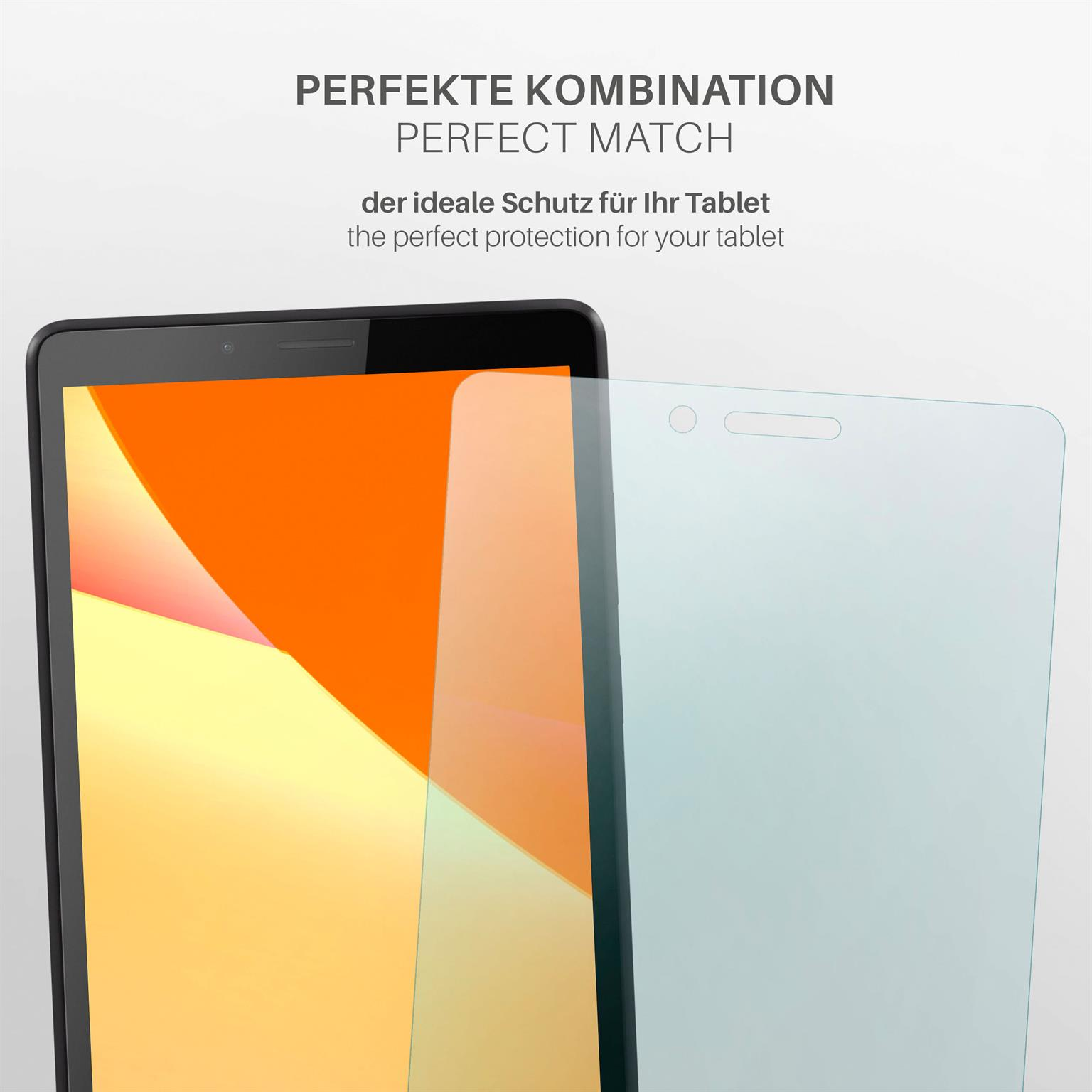 Tablet mit angebrachtem Displayschutz. Der Hintergrund ist weiß mit etwas Text.