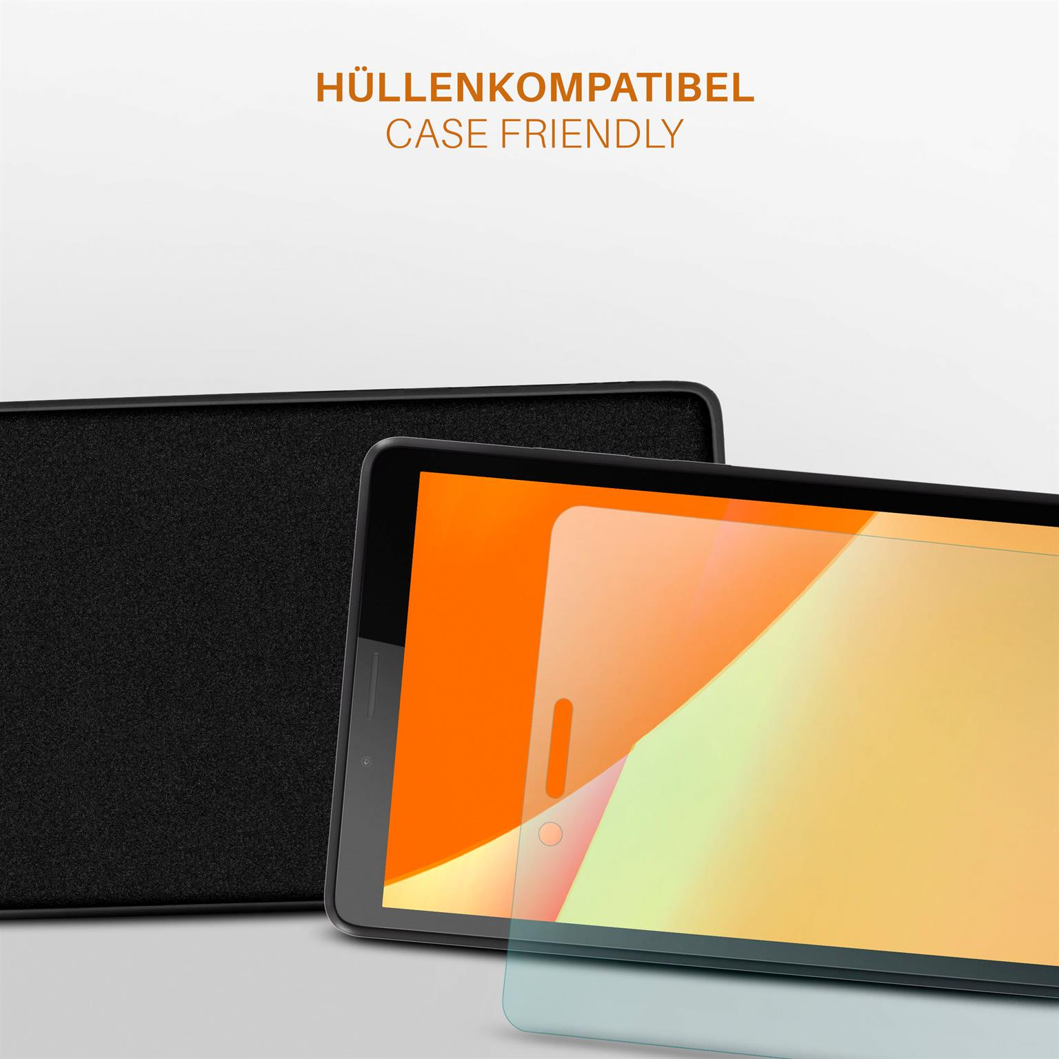 Zwei Tablets werden mit einem Displayschutz gezeigt. Das Gehäuse ist schwarz.