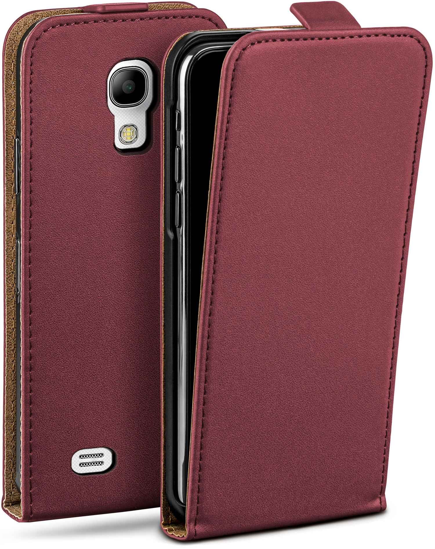 Burgunderrote Leder-Handyhülle, geöffnet, um ein Telefon zu zeigen. Braunes Futter sichtbar.
