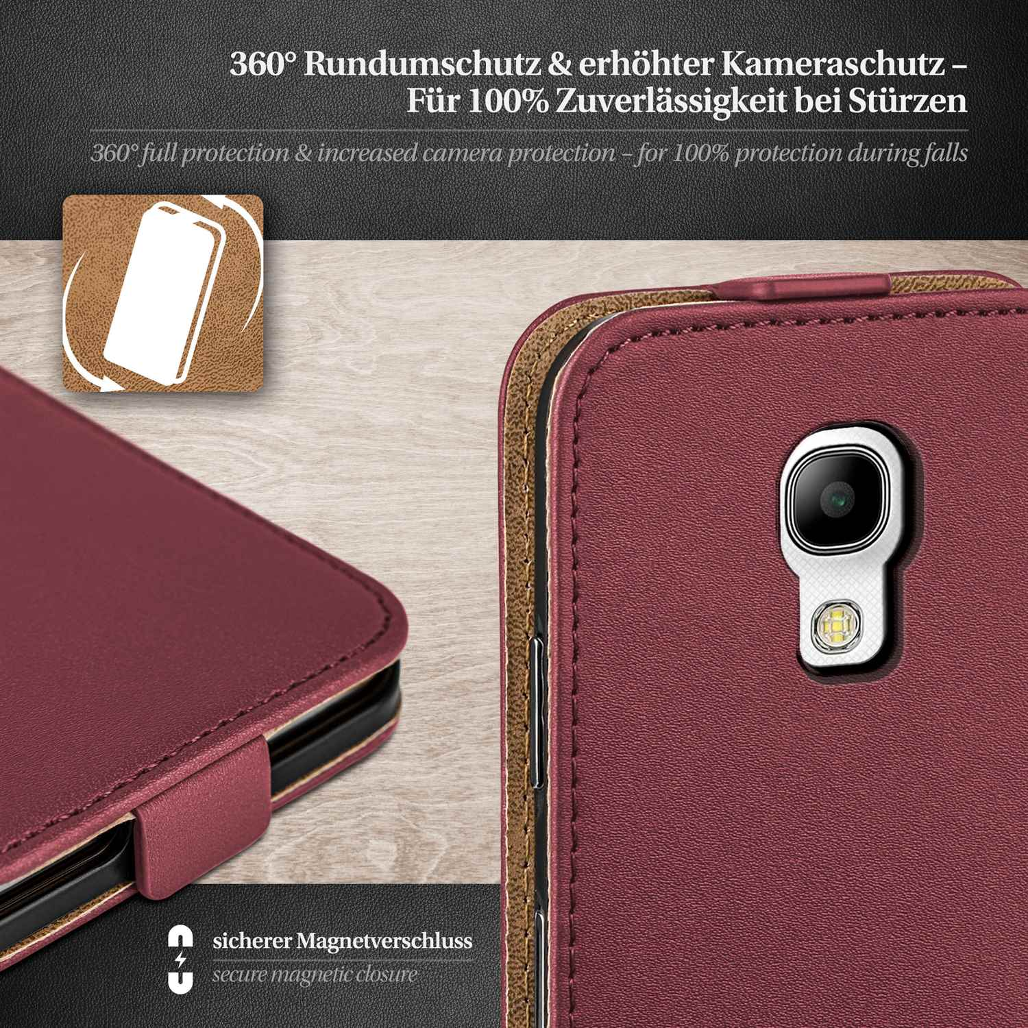Burgunderfarbene Leder-Handyhülle. Das Etui ist geschlossen, das Telefon ist sichtbar. Text: Sicherer Magnetverschluss.