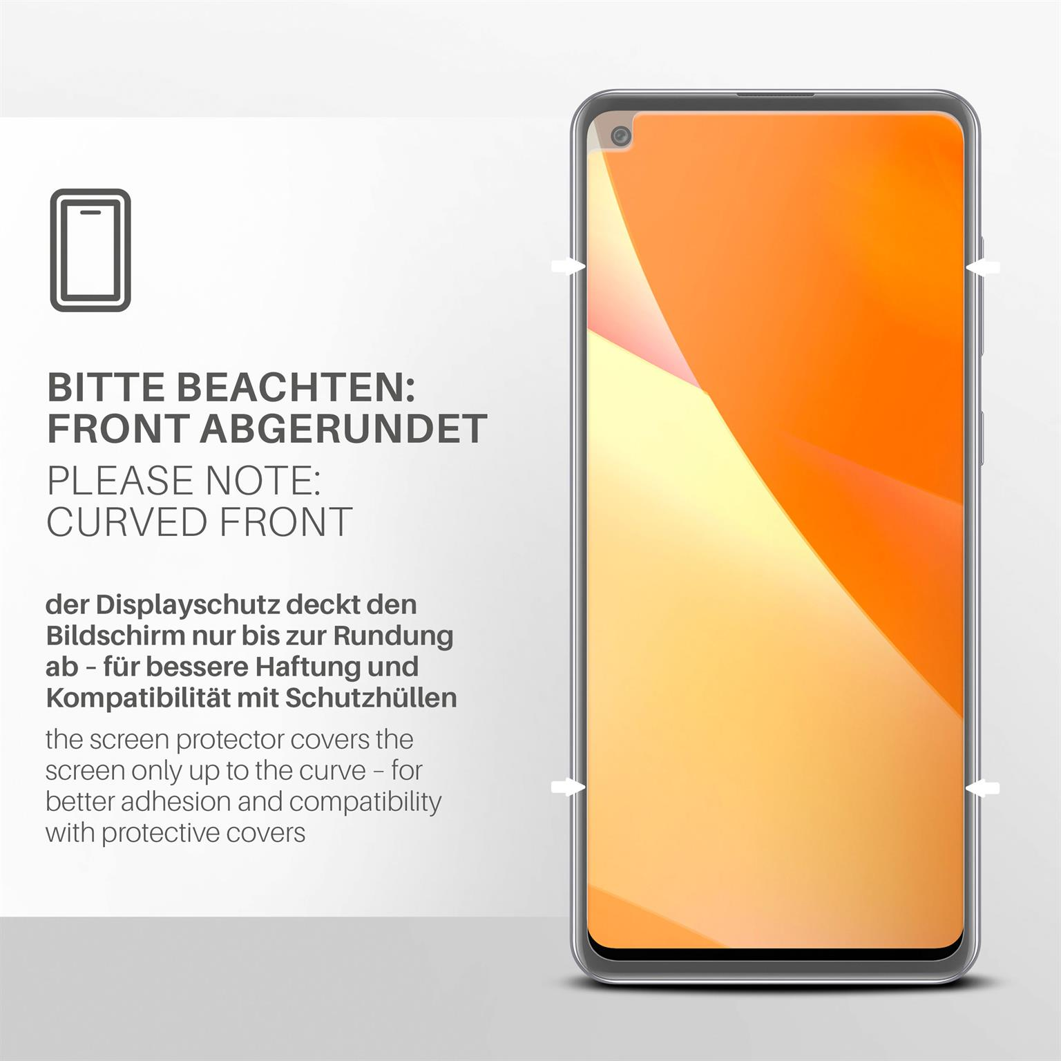 Telefon mit Displayschutzfolie. Text sagt, gebogene Front. Der Hintergrund ist ein orangefarbener Farbverlauf.