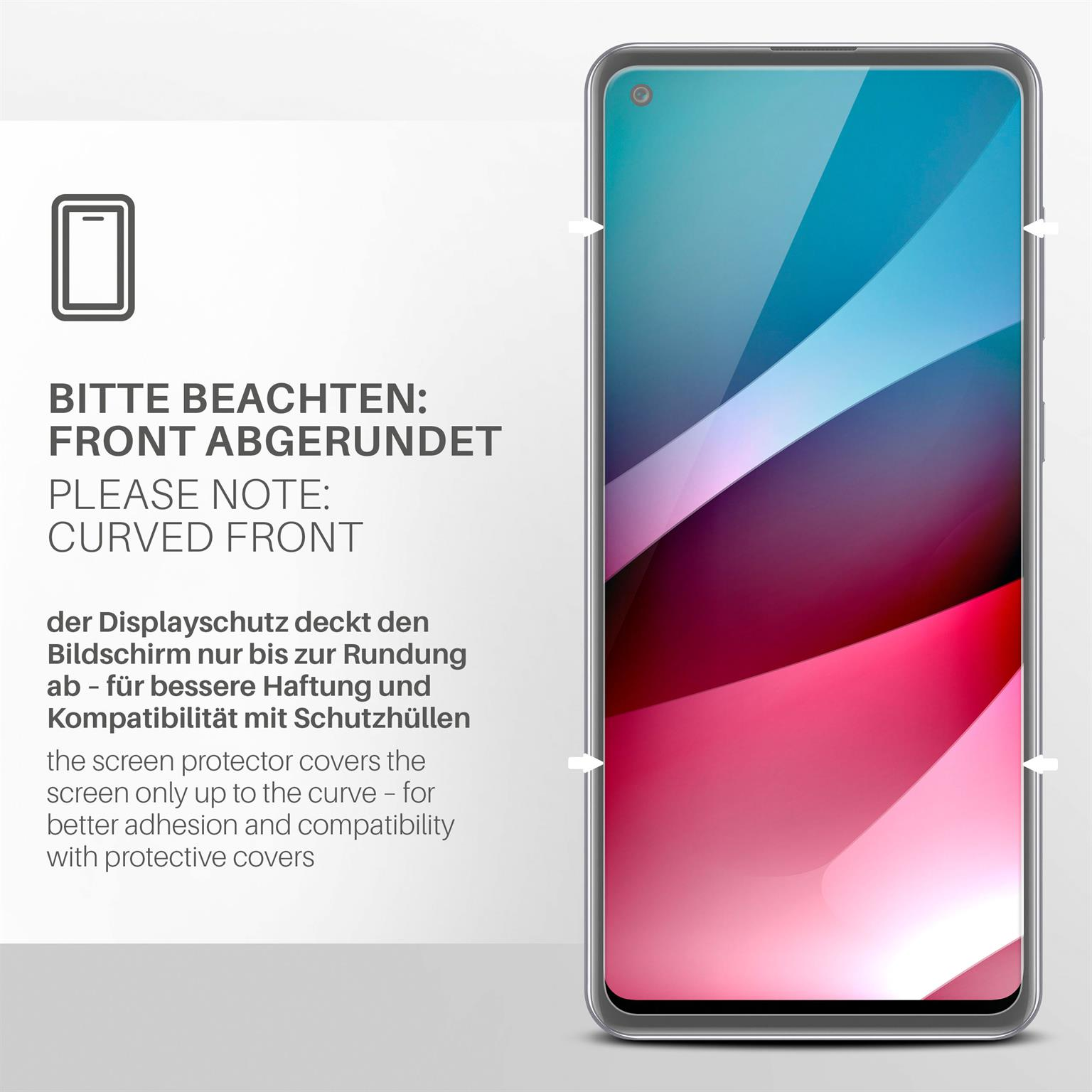 Telefonbildschirm mit abgerundeter Front. Schutzfolie angebracht. Text auf Deutsch und Englisch.