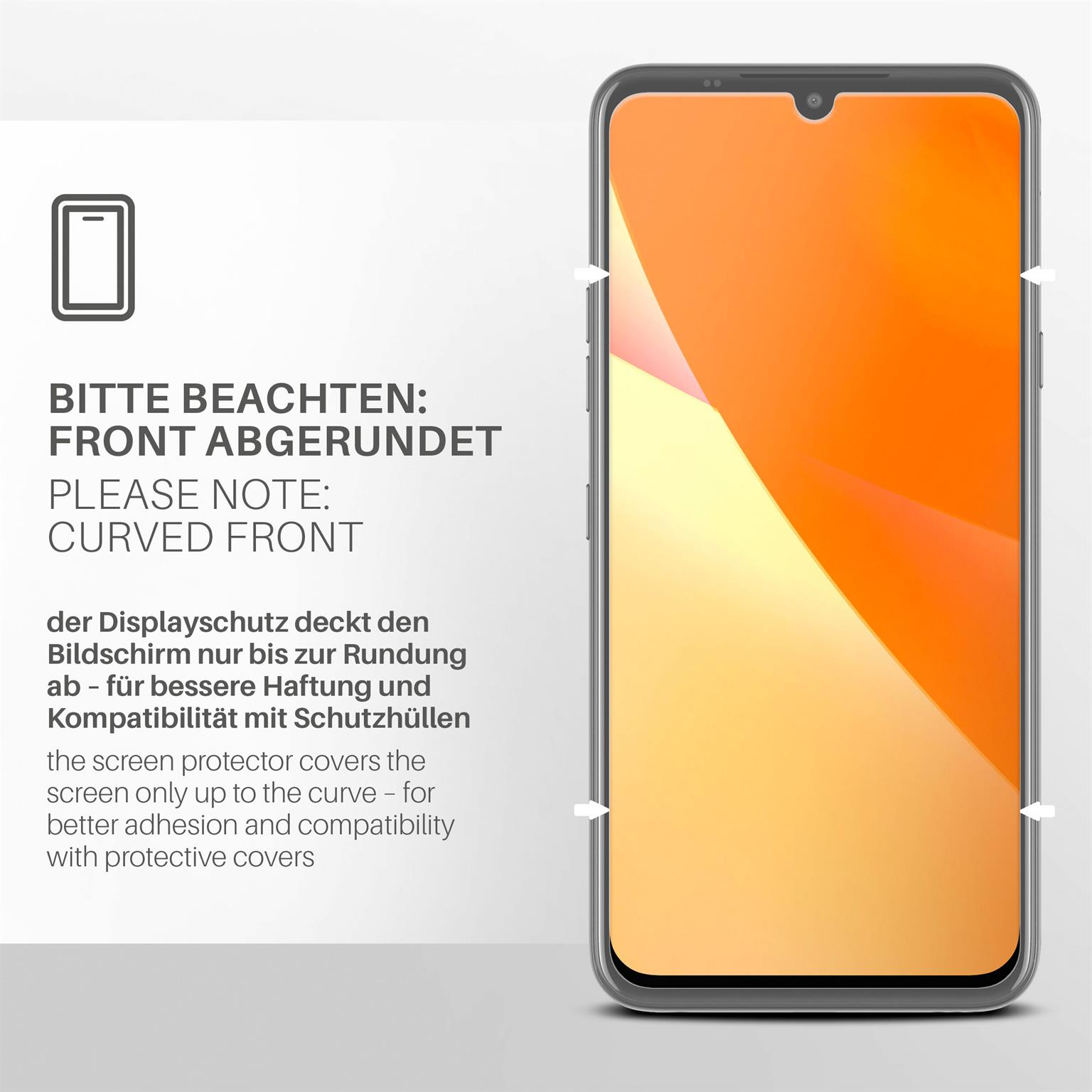 Telefon mit Displayschutz. Text: Abgerundete Front. Schutz bedeckt Bildschirm bis zur Rundung.