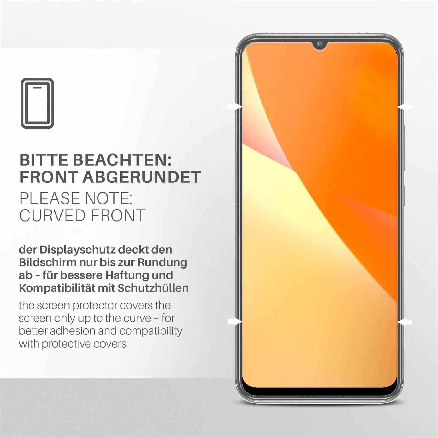 Eine Displayschutzfolie auf einem Telefon mit abgerundeten Kanten. Der Bildschirm ist orange und gelb.