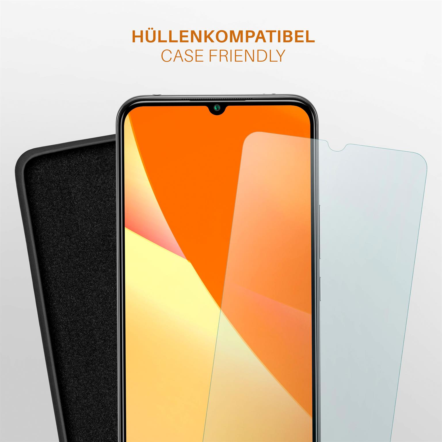 Ein Telefon mit aufgebrachter Displayschutzfolie, das einen orange-gelben Farbverlauf zeigt, und einer Hülle.