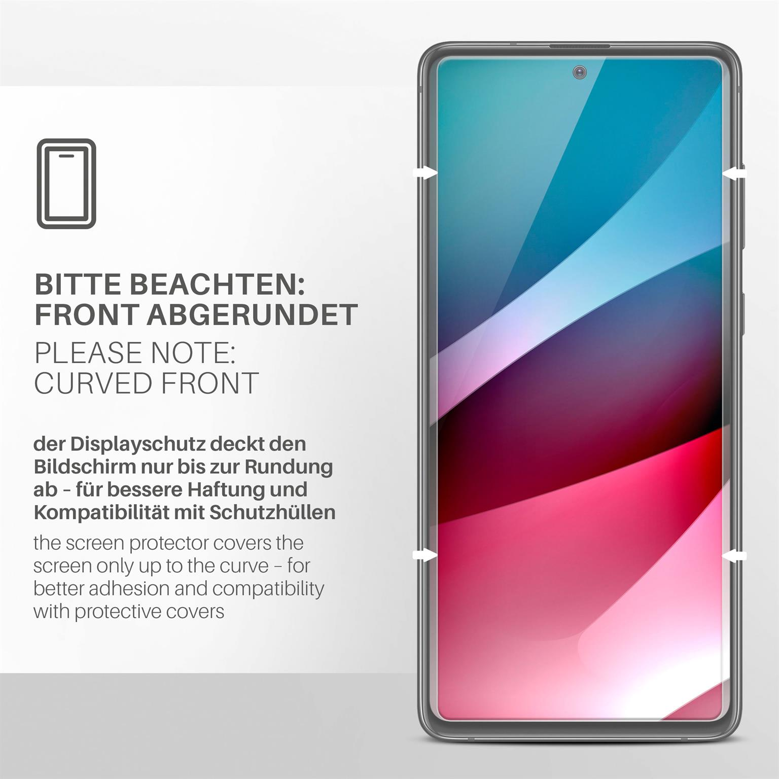 Displayschutzfolie. Abgerundete Front mit Text. Bildschirm und Handyhülle sind sichtbar.