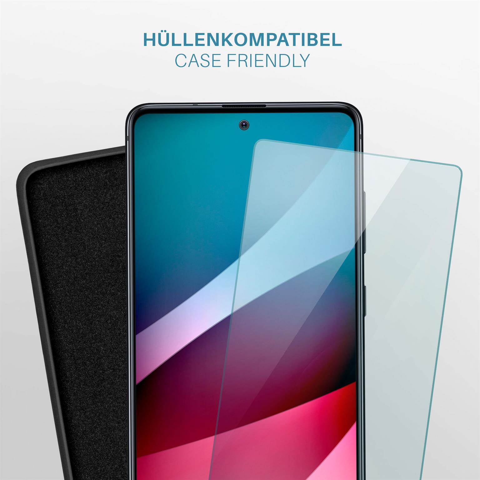 Ein Telefon in einer Hülle mit Displayschutzfolie auf weißem Hintergrund. Text zeigt an, dass es für Hüllen geeignet ist.