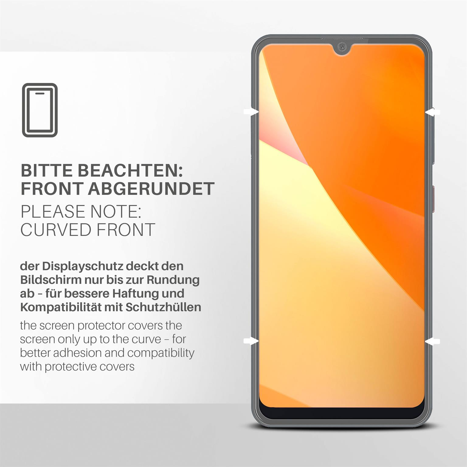 Handy-Displayschutz auf einem Handy mit abgerundeter Vorderseite. Text: Abgerundete Front und Displayschutz bedeckt bis zur Rundung.