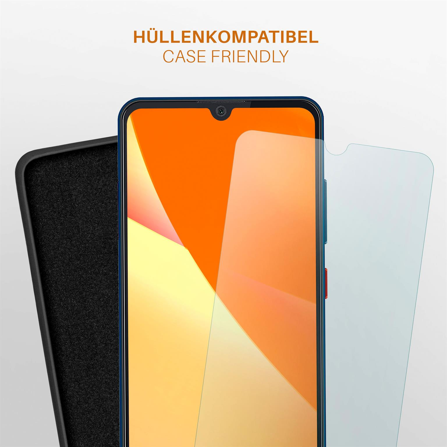Smartphone mit Displayschutz. Eine schwarze Hülle ist mit blauem Rand sichtbar.