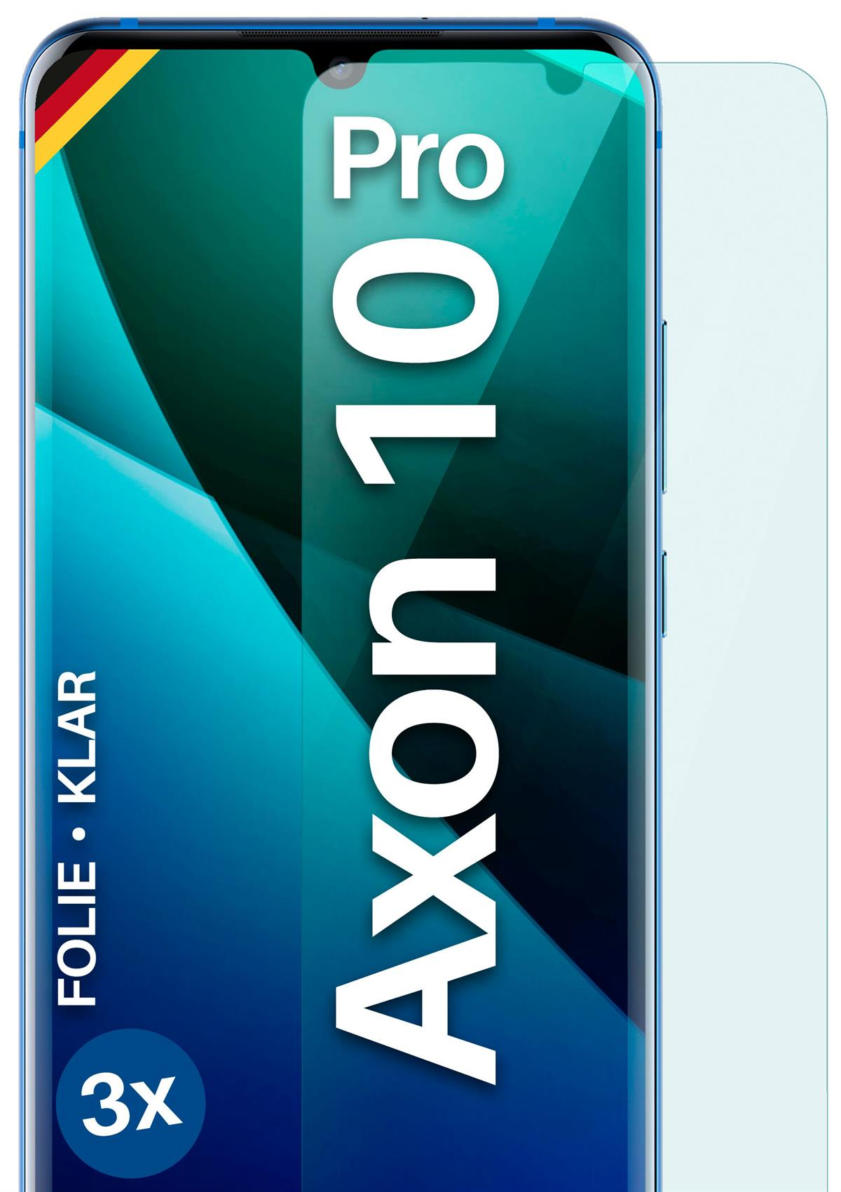 Ein blaues Axon 10 Pro Telefon mit einer Displayschutzfolie. Das Telefon ist auf weißem Hintergrund.