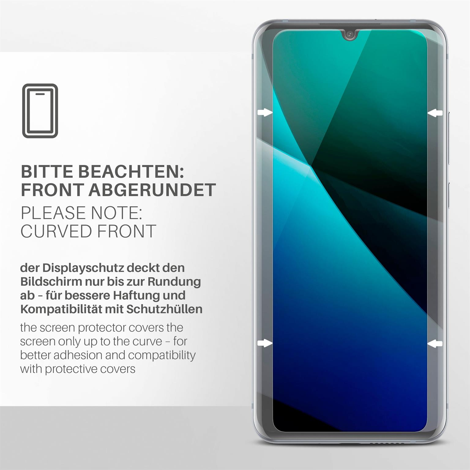 Ein Telefon mit Displayschutz. Der Schutz bedeckt die gewölbte Vorderseite des Telefons. Weißer Hintergrund.