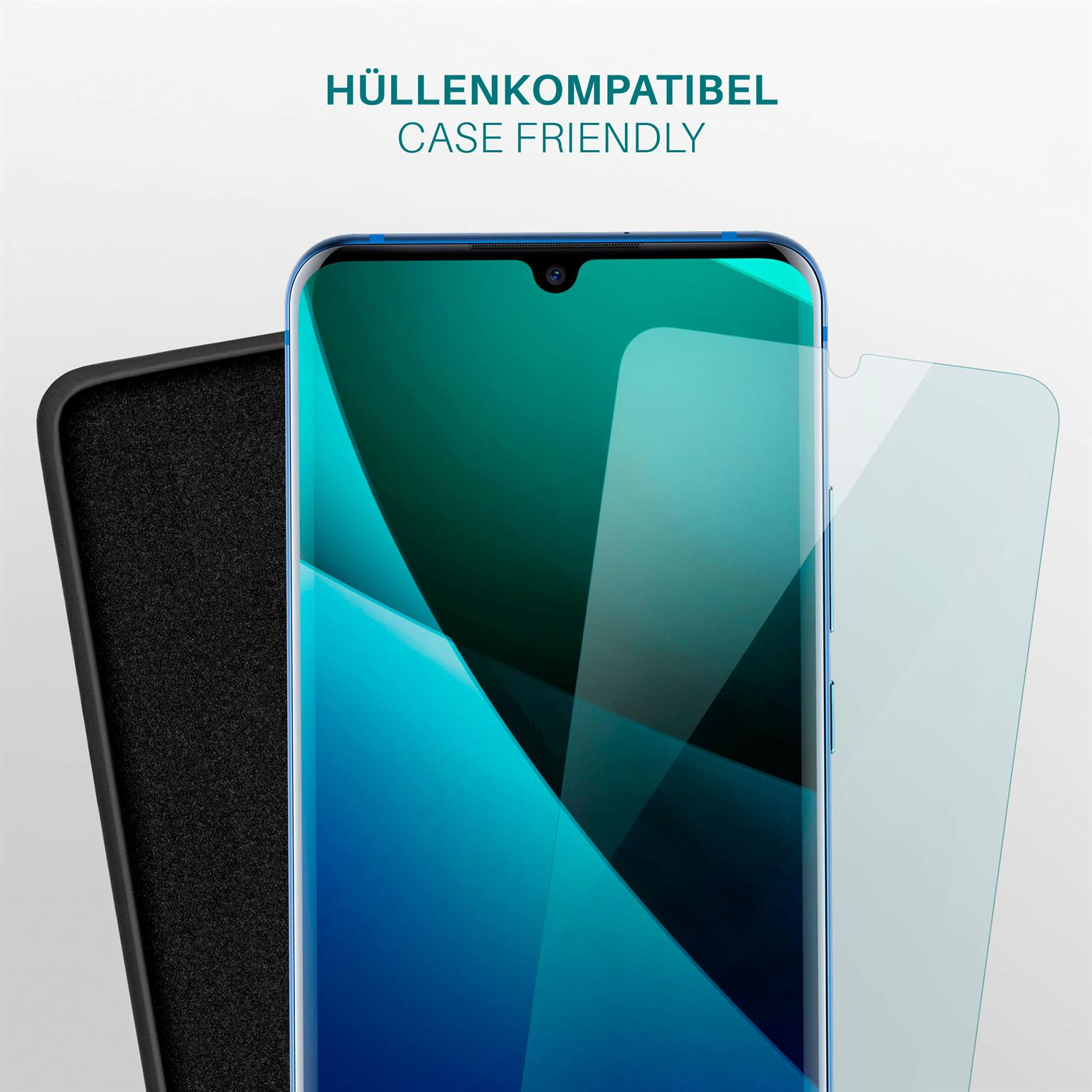 Ein Telefon mit blauem Bildschirm, einer schwarzen Hülle und einer Displayschutzfolie, mit dem Text: "Case Friendly".