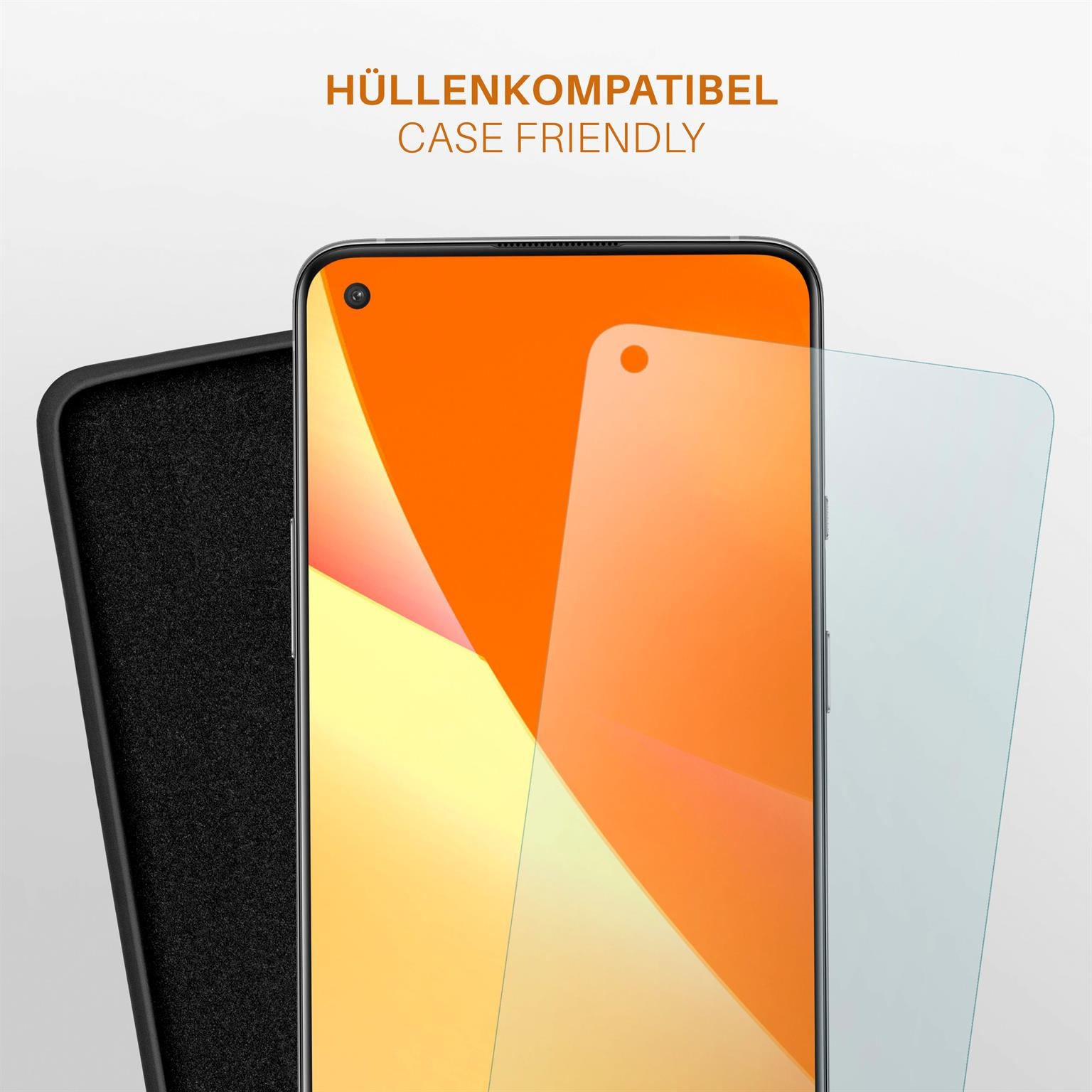 Ein Telefon mit Displayschutz und Hülle. Zeigt, dass die Hülle für Displayschutz geeignet ist.