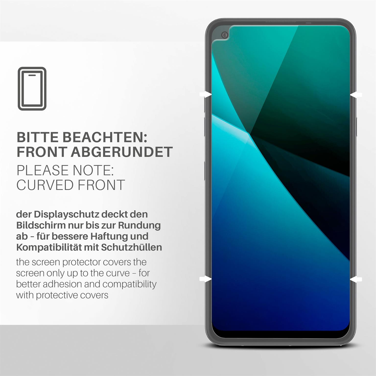 Telefonbildschirm mit abgerundeter Front. Schutzfolie angebracht. Text auf Deutsch und Englisch.