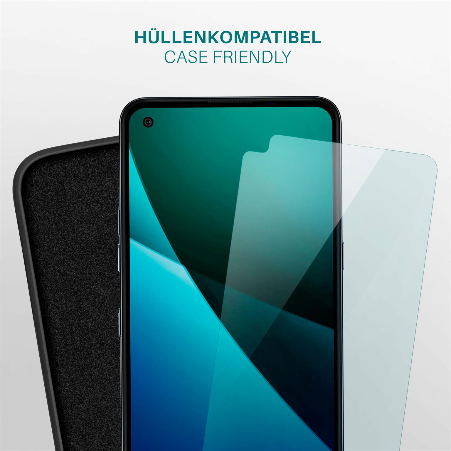 Ein Telefon in einer schwarzen Hülle, mit aufgebrachtem Displayschutz. Der Bildschirm zeigt einen blauen Hintergrund.