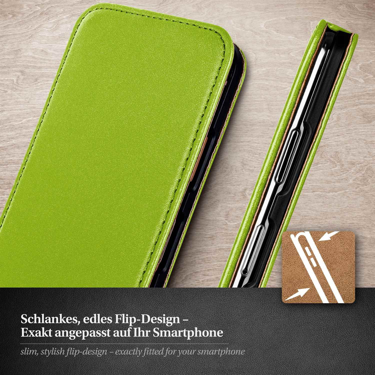 Grüne Handy-Flip-Hülle, im geöffneten Zustand. Text: Schlankes, edles Flip-Design.