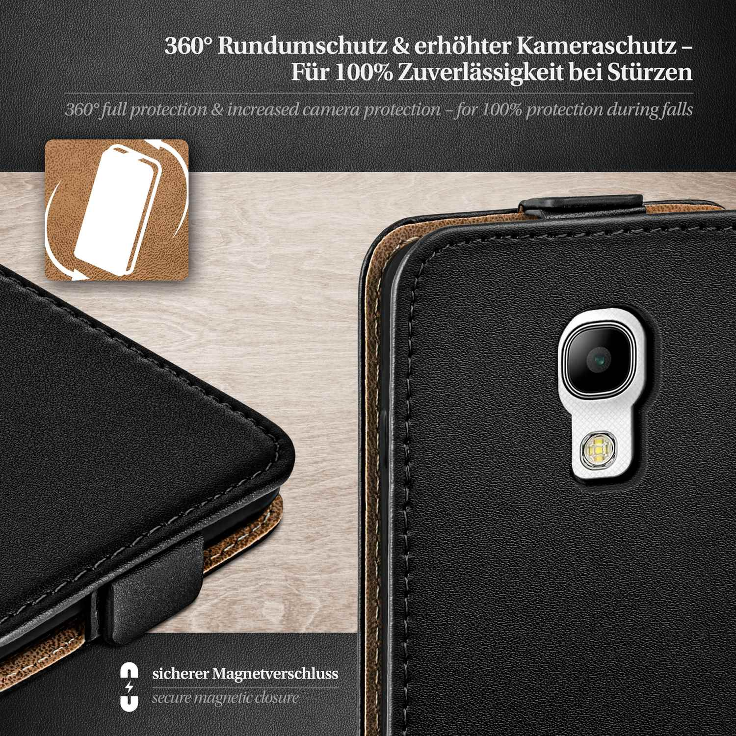 Eine Leder-Handyhülle mit einem Telefon darin, mit 360°-Schutzanspruch und sicherem Magnetverschluss.