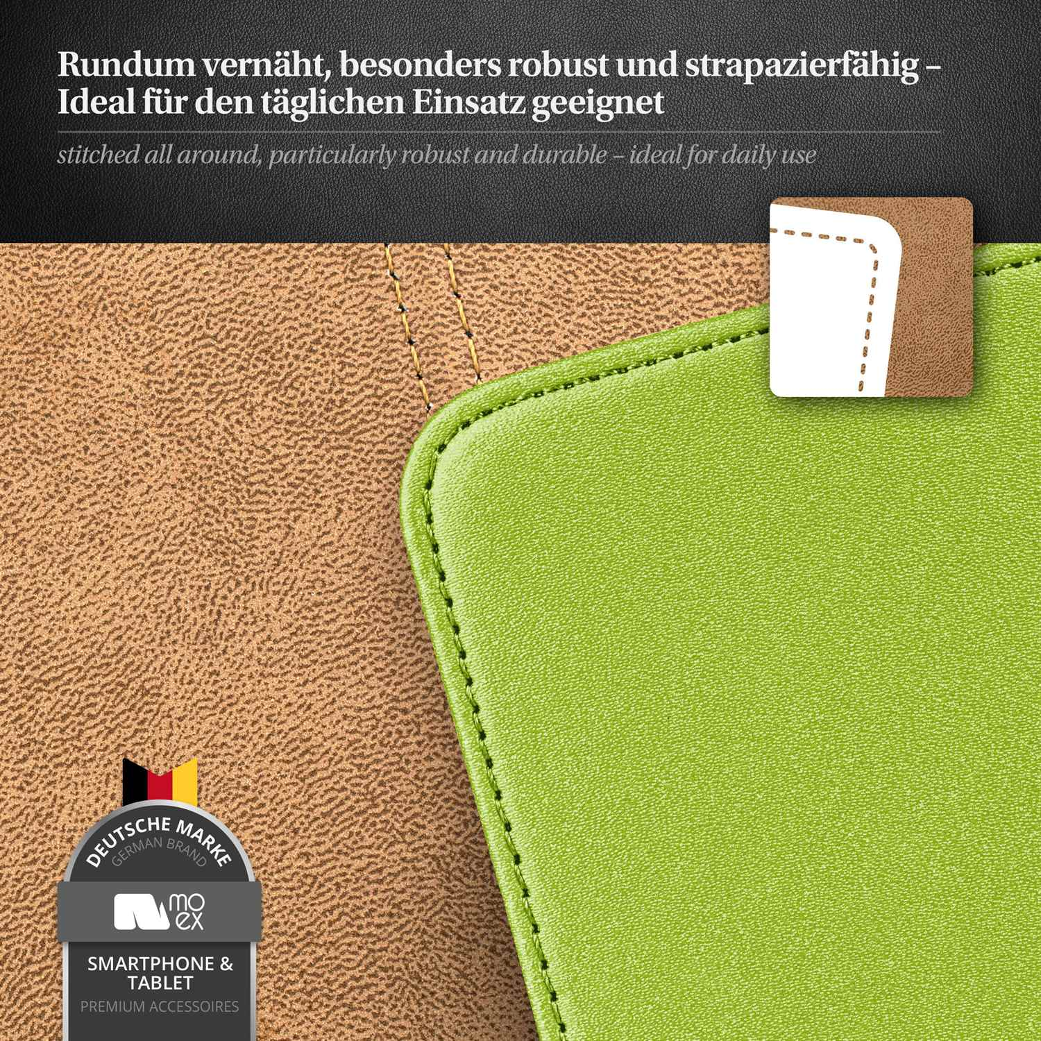 Nahaufnahme einer genähten grünen und braunen Lederhülle.