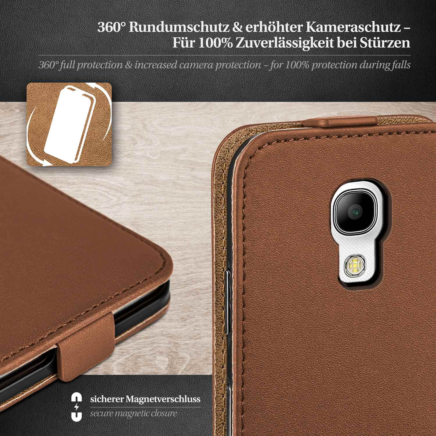 Nahaufnahme einer braunen Smartphone-Hülle, die die Nähte und Details des Kameraschutzes zeigt.