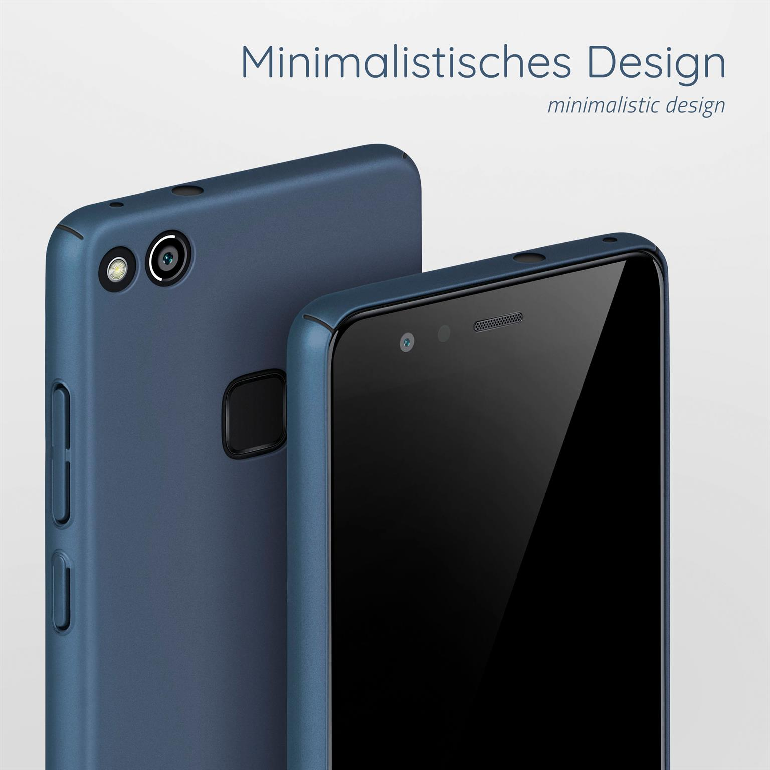 Zwei blaue Smartphones. Eines zeigt die Rückseite, das andere die Vorderseite.