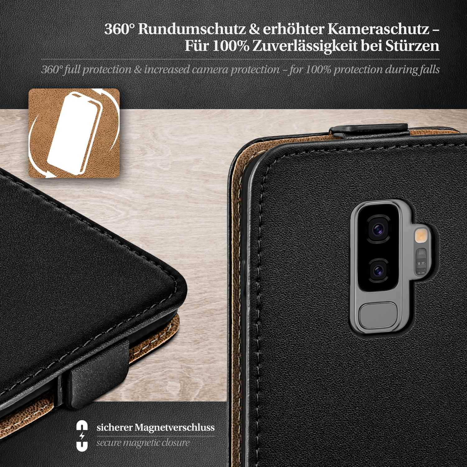 Schwarze Leder-Handyhülle. Das Etui ist geschlossen, das Telefon ist sichtbar. Text: Sicherer Magnetverschluss.