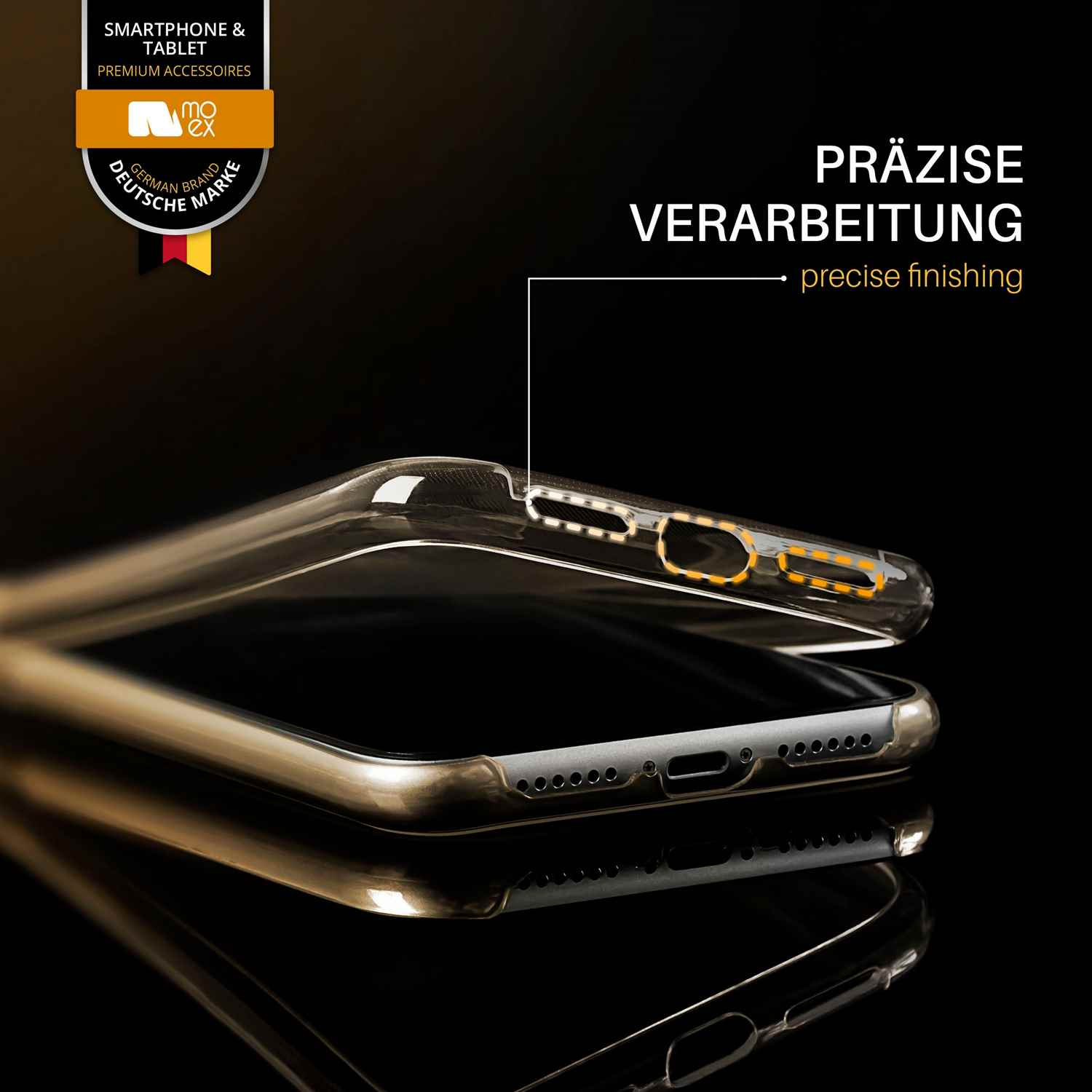 Transparente Handyhülle mit zwei Teilen. Text: Präzise Verarbeitung. Logo: Smartphone & Tablet, Premium-Zubehör.