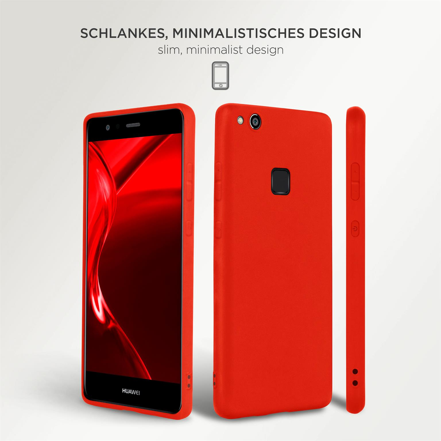 Rote Handyhüllen in verschiedenen Positionen mit dem Text "SCHLANKES, MINIMALISTISCHES DESIGN" auf weißem Hintergrund.