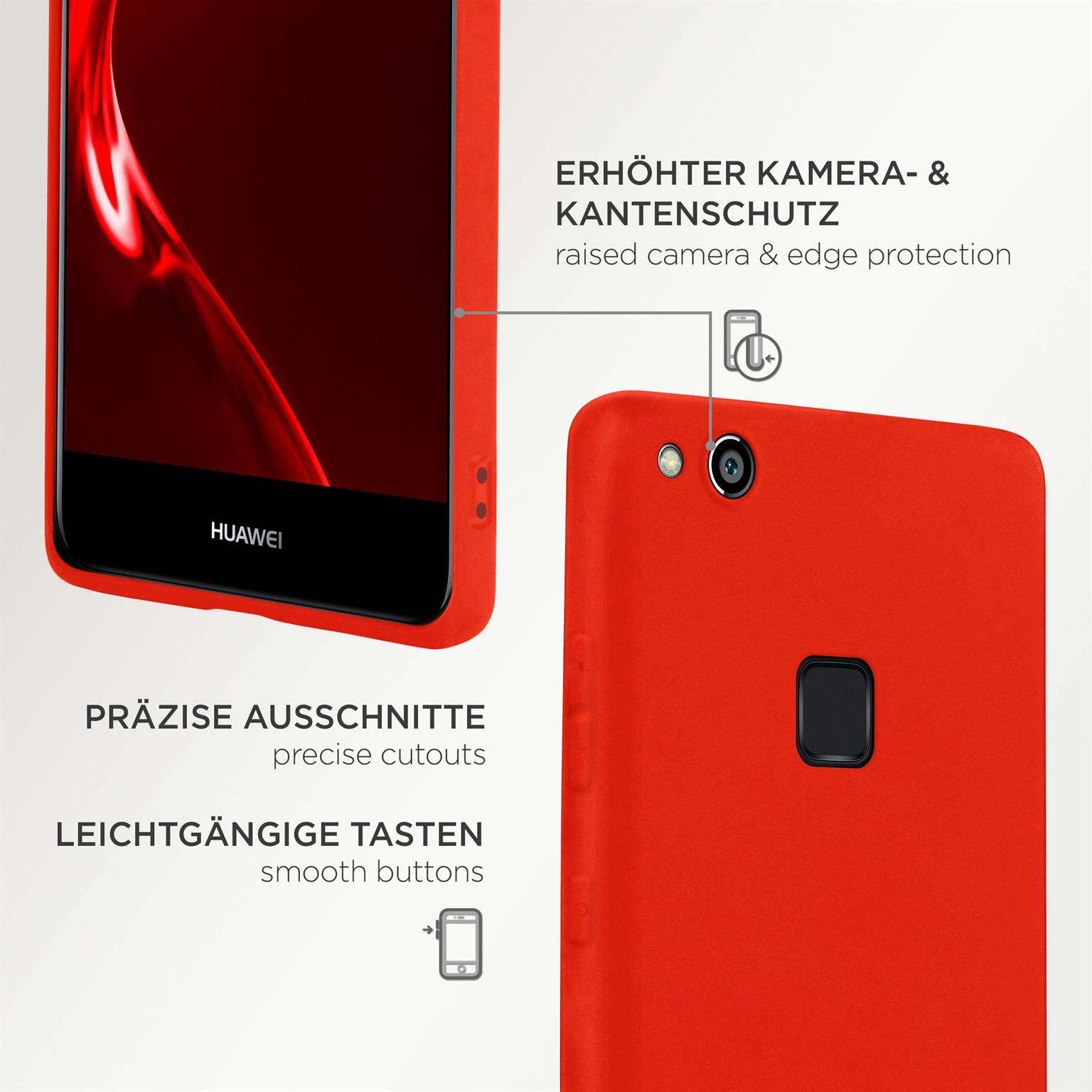 Eine rote Handyhülle mit einem Telefon darin. Zeigt präzise Ausschnitte und erhöhten Kameraschutz.