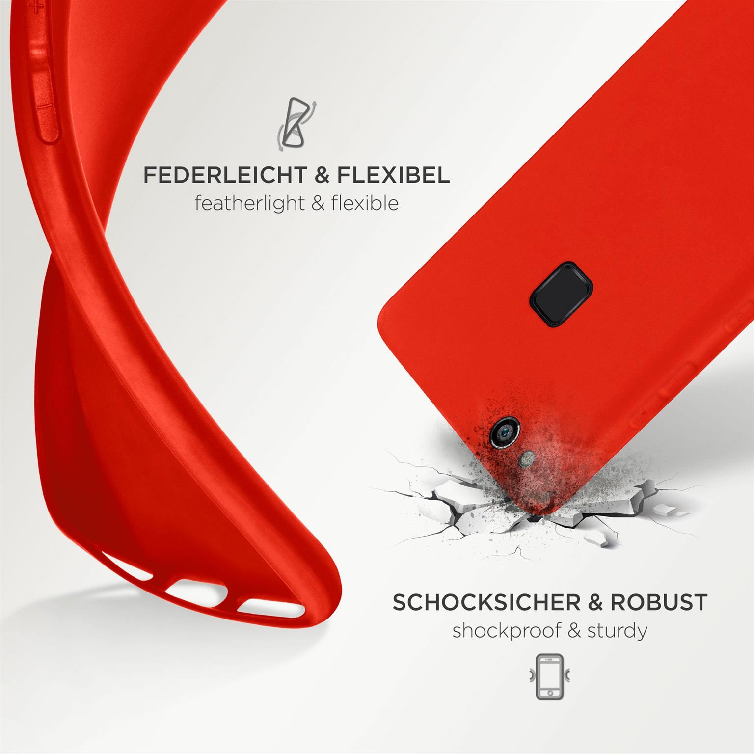 Rote Handyhülle biegt sich. Telefon ist im Gehäuse sichtbar. Stoßfest und robust Text wird angezeigt.