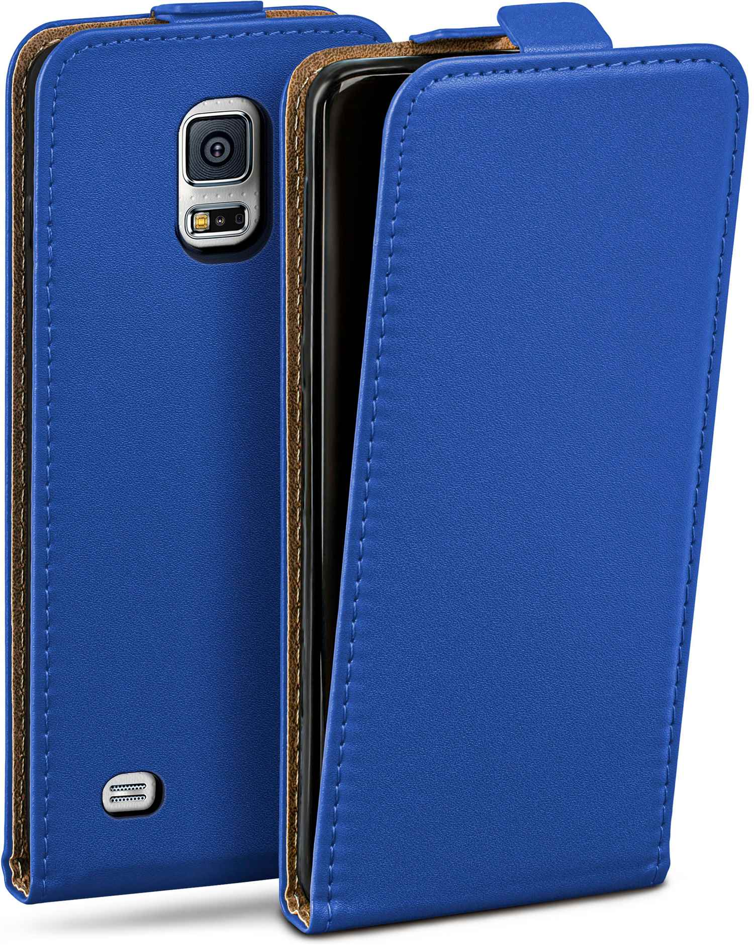 Blaue Handyhülle, offen, um ein Telefon zu zeigen. Nähte und braune Kanten sind sichtbar.