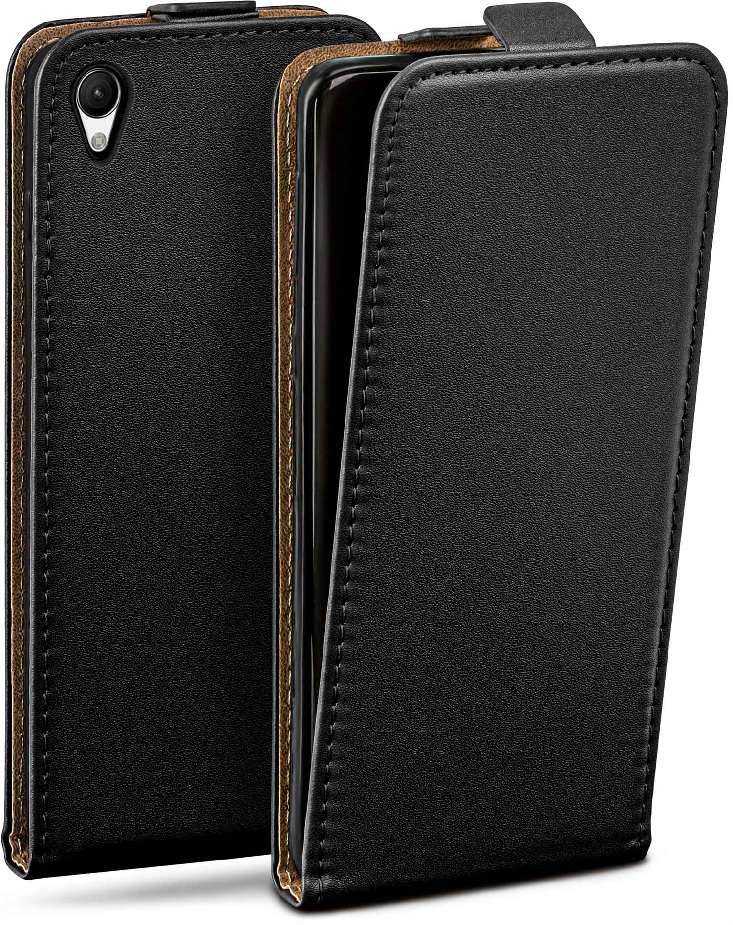 Schwarze Leder-Handyhülle, geöffnet und geschlossen. Braune Verkleidung, sichtbare Nähte. Das Telefon hat eine Kamera.