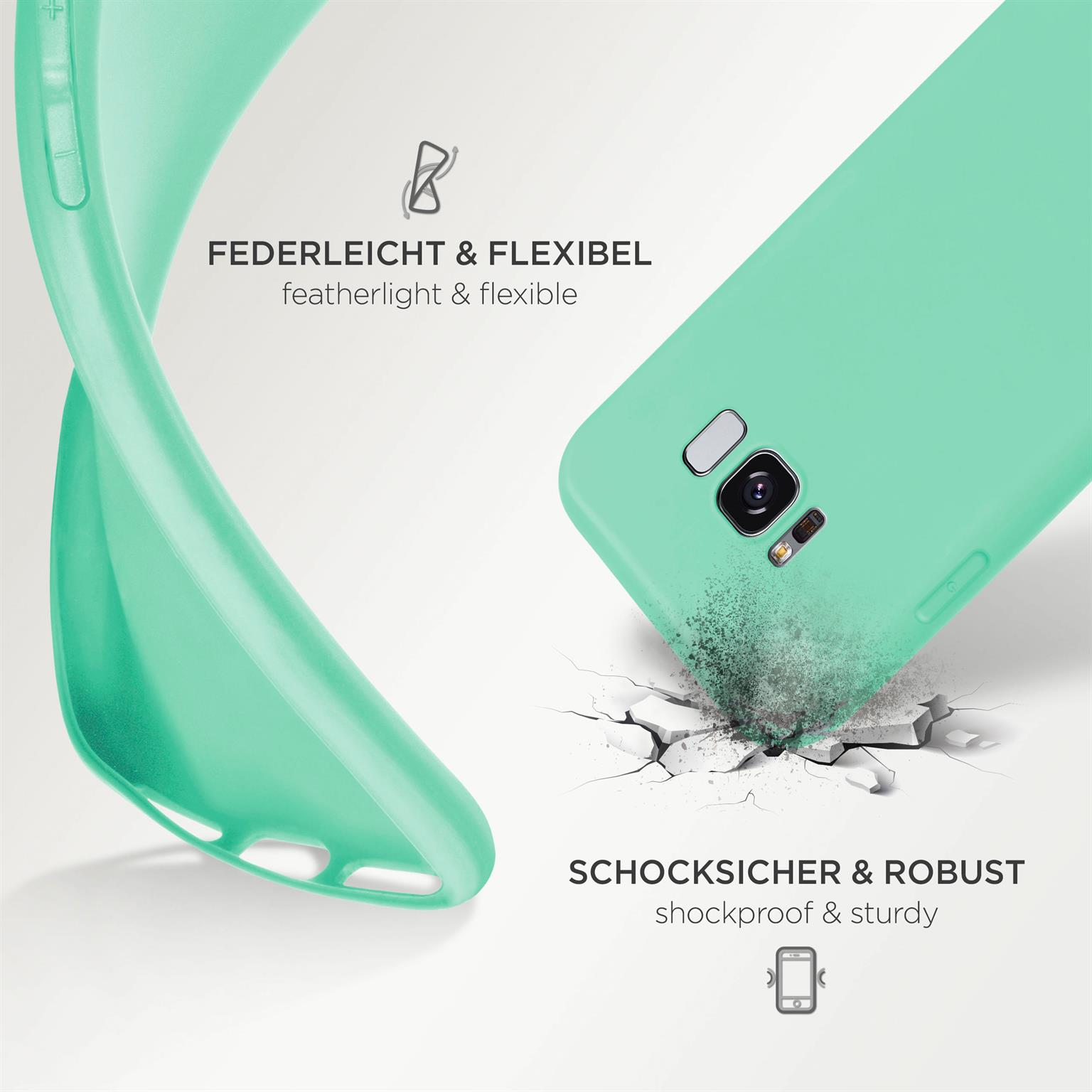 Minzgrüne Handyhülle und flexibles, gebogenes Modell. Text: federleicht & flexibel.