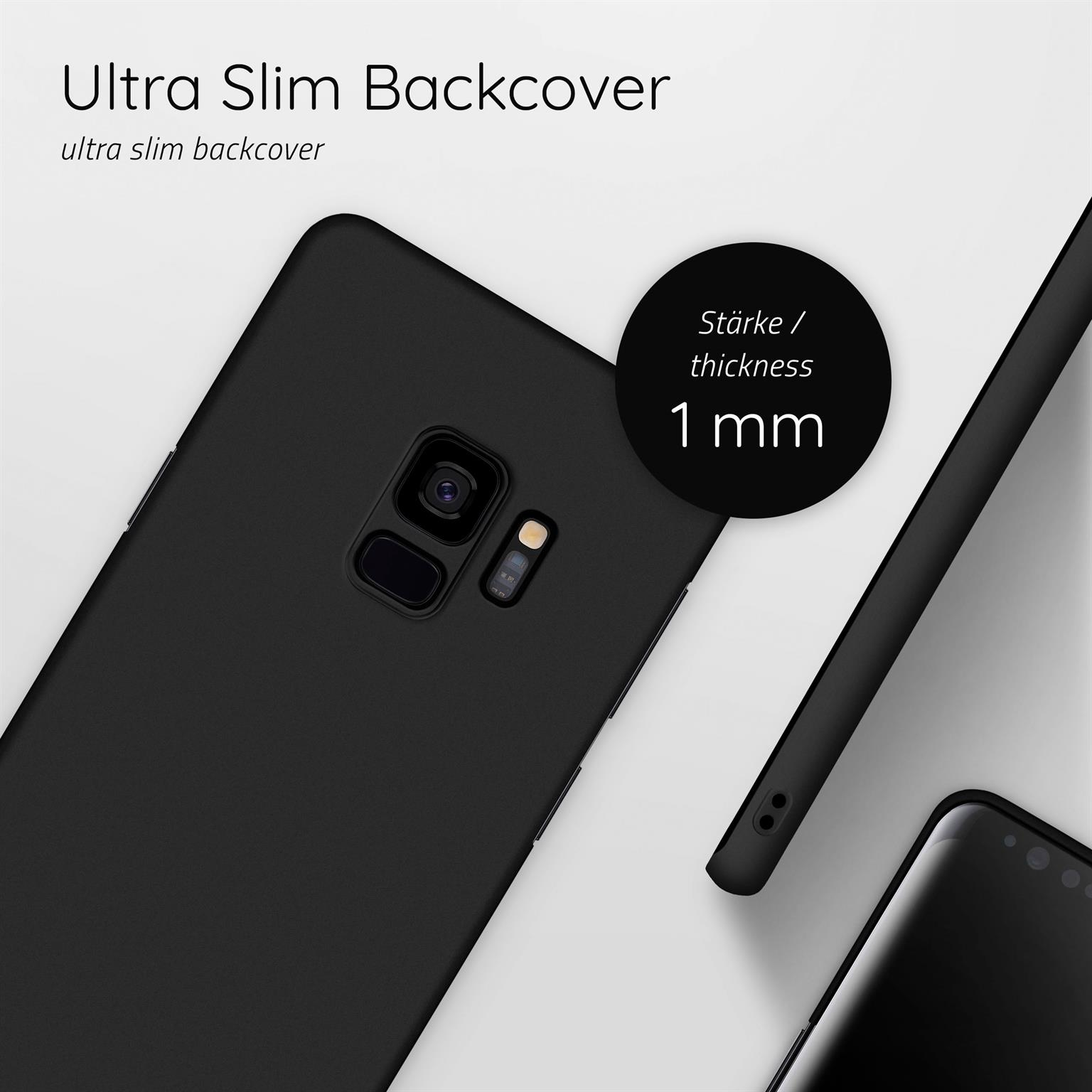 Schwarze Handy-Rückseite. Text: Ultra schlanke Rückseite, Dicke 1 mm.