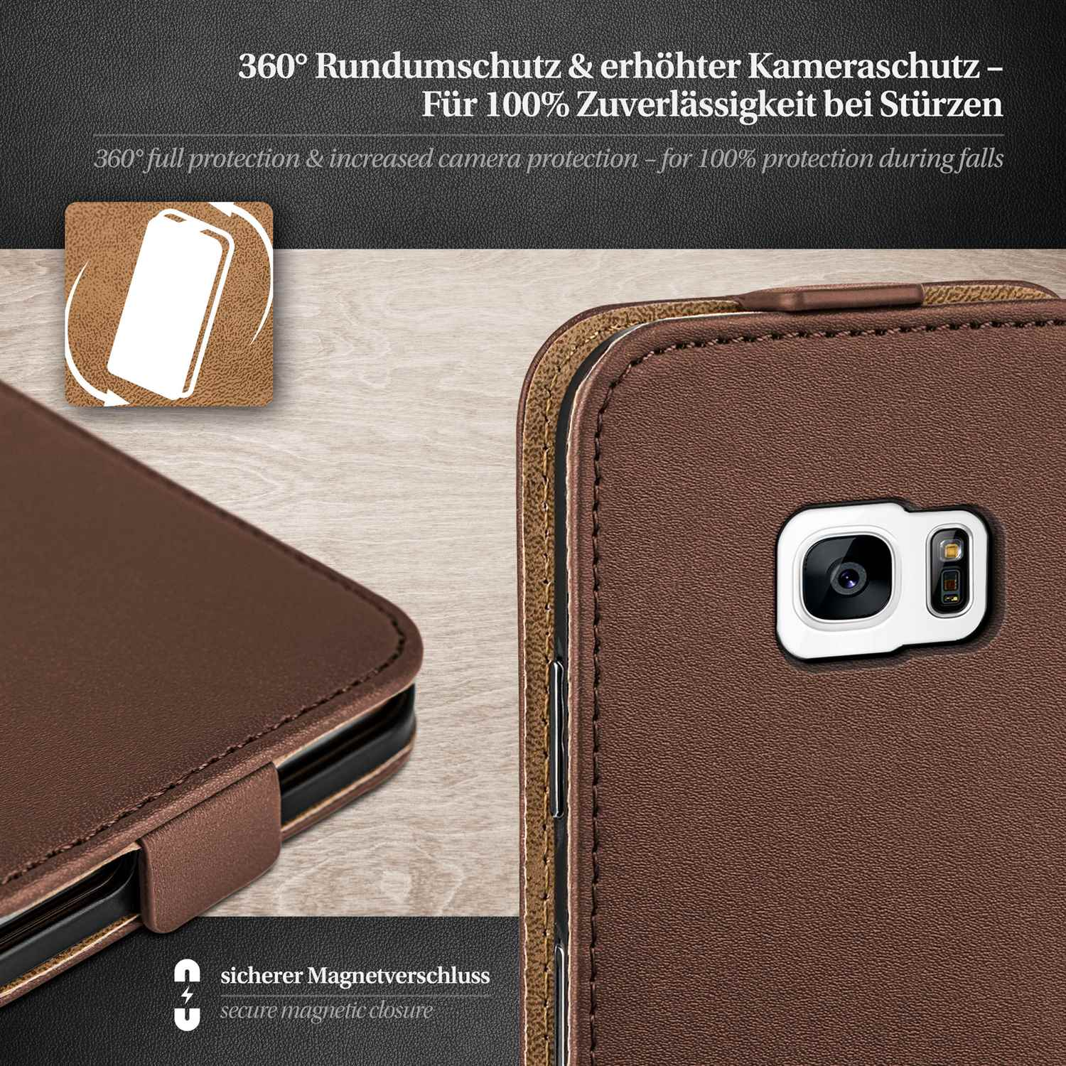 Eine Handyhülle mit braunem Lederfinish und sicherem Magnetverschluss.