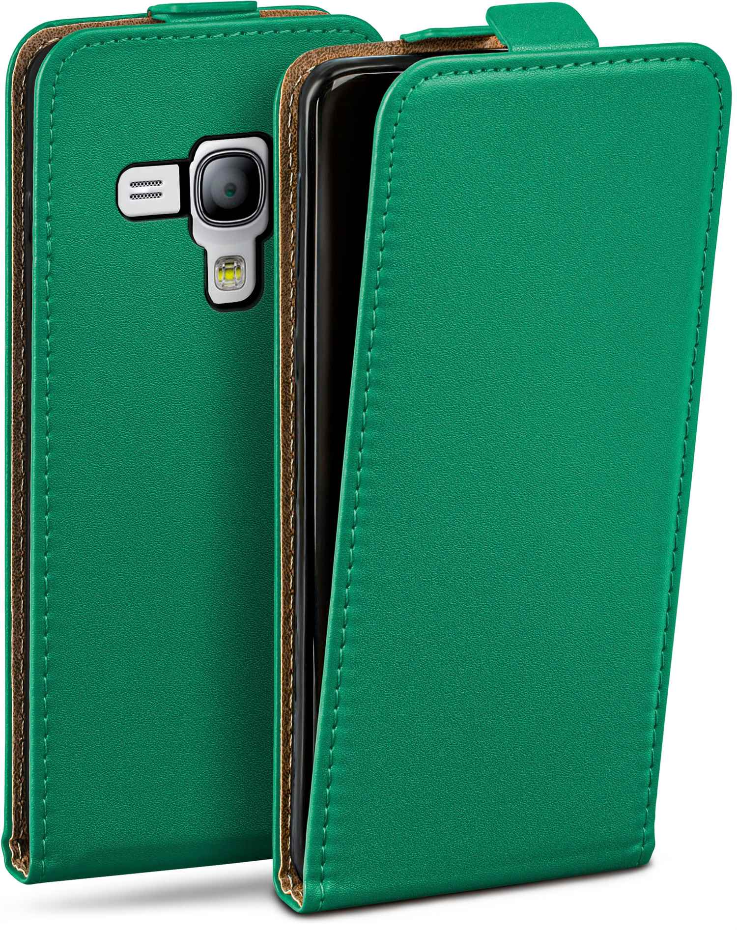 Grüne Handyhülle mit dem Telefon darin. Die Hülle hat einen braunen Rand.