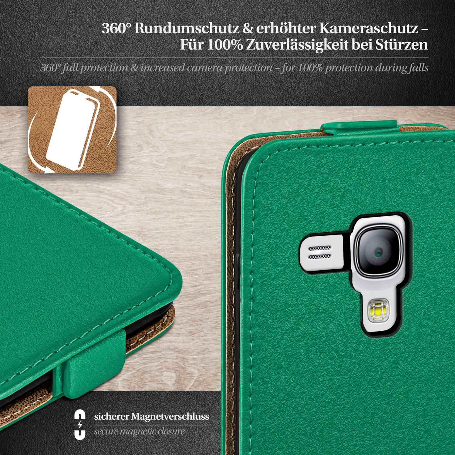 Grüne Handyhülle mit Klappe, Details der Handykamera und Text zeigend. Hintergrund mit Text.
