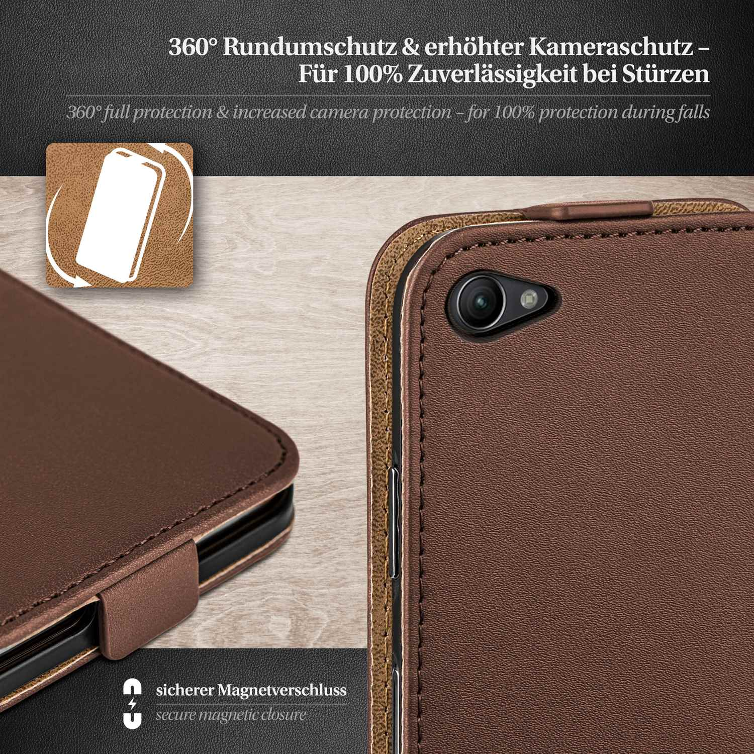 Lederhülle mit sicherem Verschluss. Die Hülle ist braun, mit einem Telefon im Inneren. Kamera zeigend.