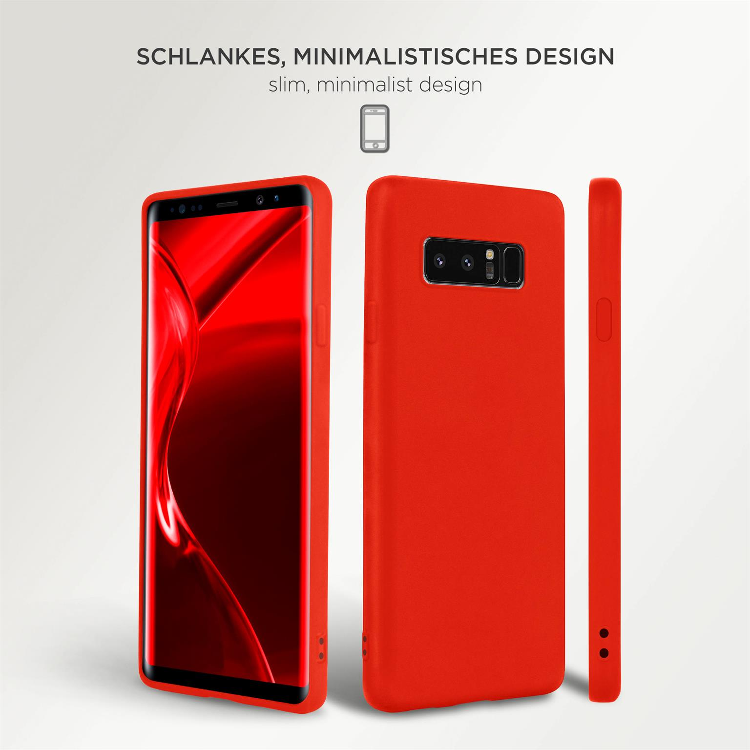 Drei rote Handyhüllen werden gezeigt. Eine befindet sich links, eine in der Mitte und eine rechts.