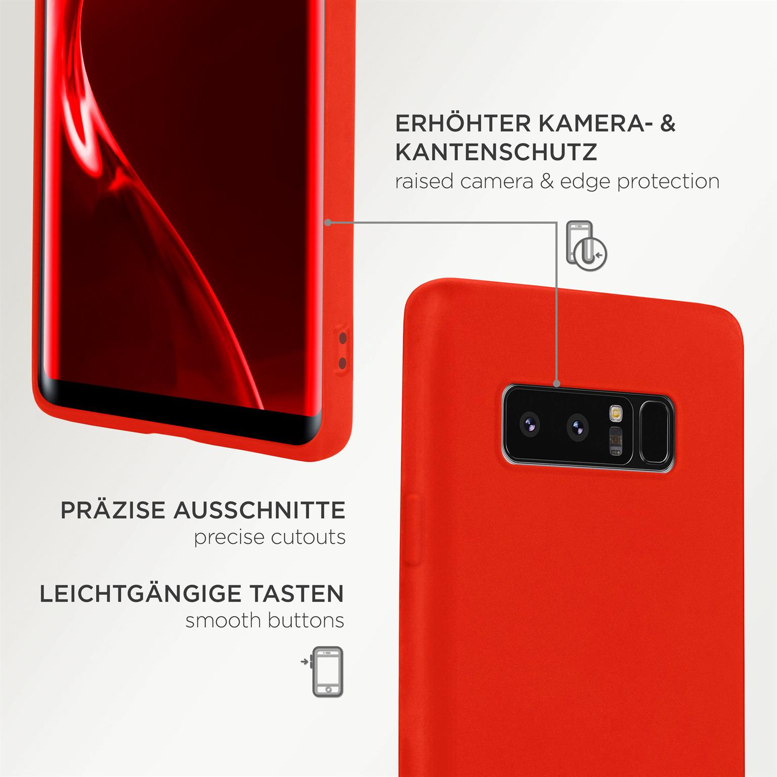 Rote Handyhülle mit präzisen Aussparungen und roter Rückseite des Telefons.