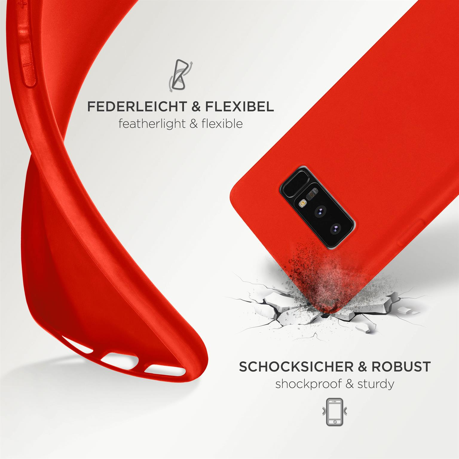 Eine rote Handyhülle wird gebogen. Sie ist leicht und flexibel, stoßfest und robust.