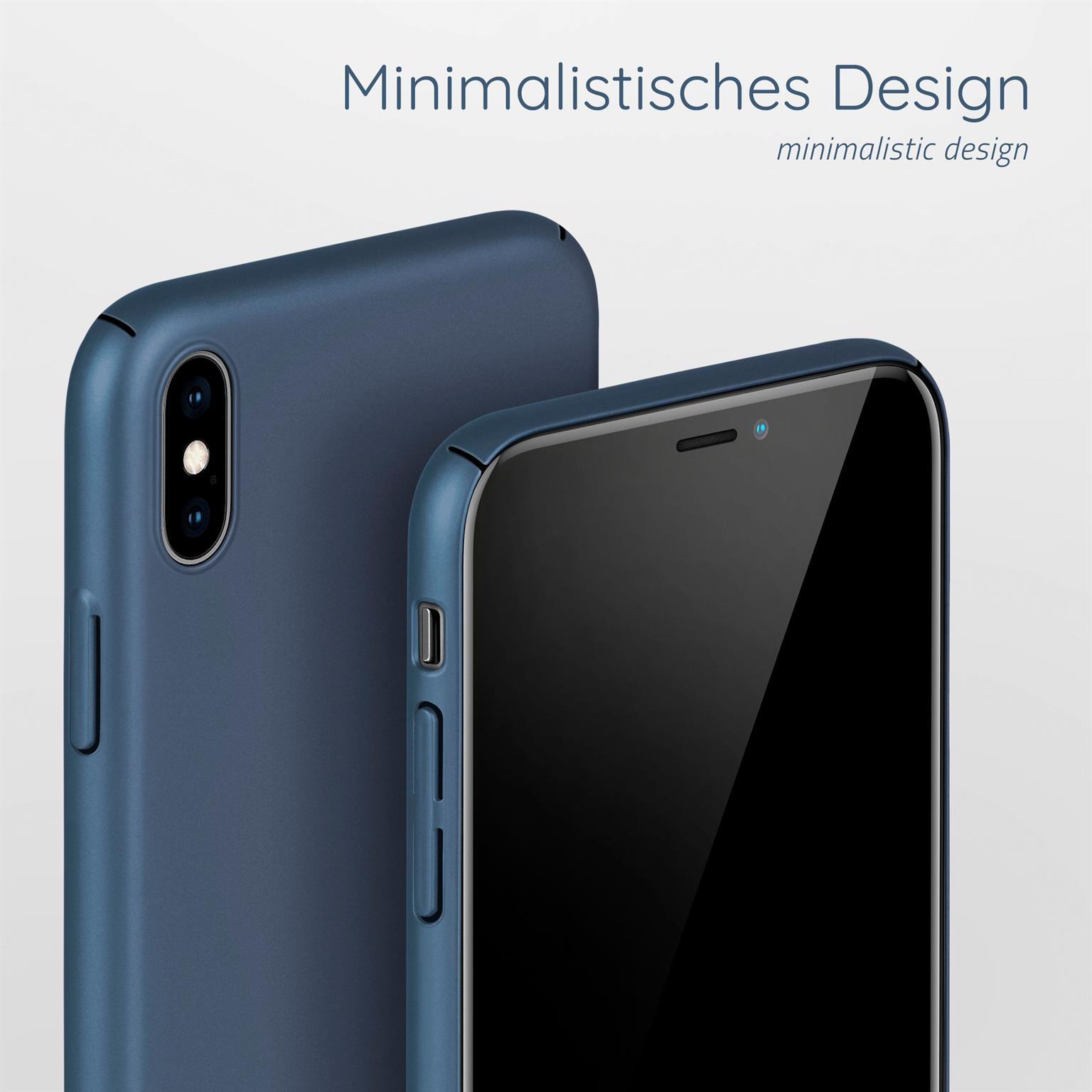 Dunkelblaue Handyhülle, Telefon darin. Minimalistisches Design. Heller Hintergrund.