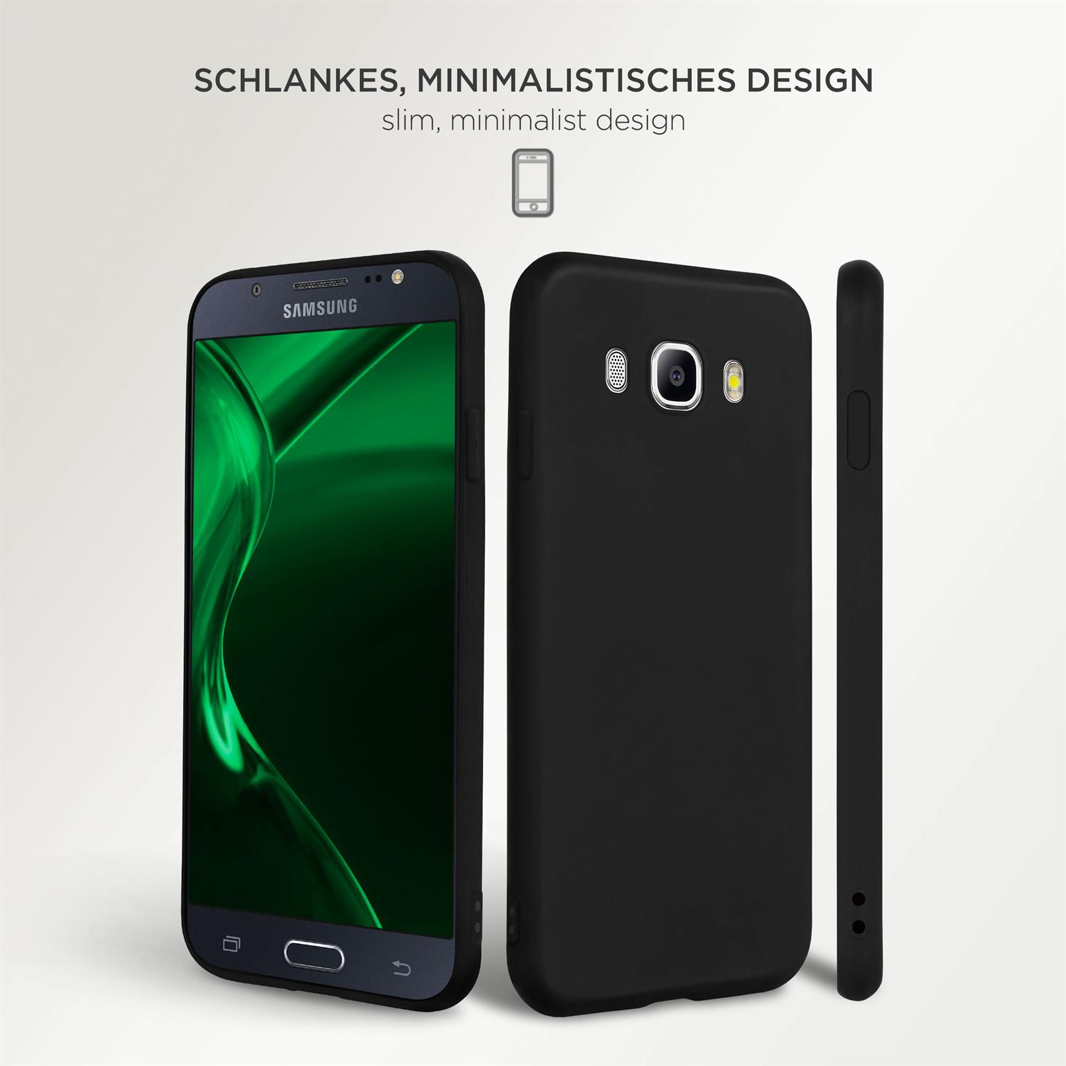 Schwarzes Telefon in einer schwarzen Hülle. Drei Winkel werden gezeigt. Telefon und Hülle sind schwarz. Weißer Hintergrund.